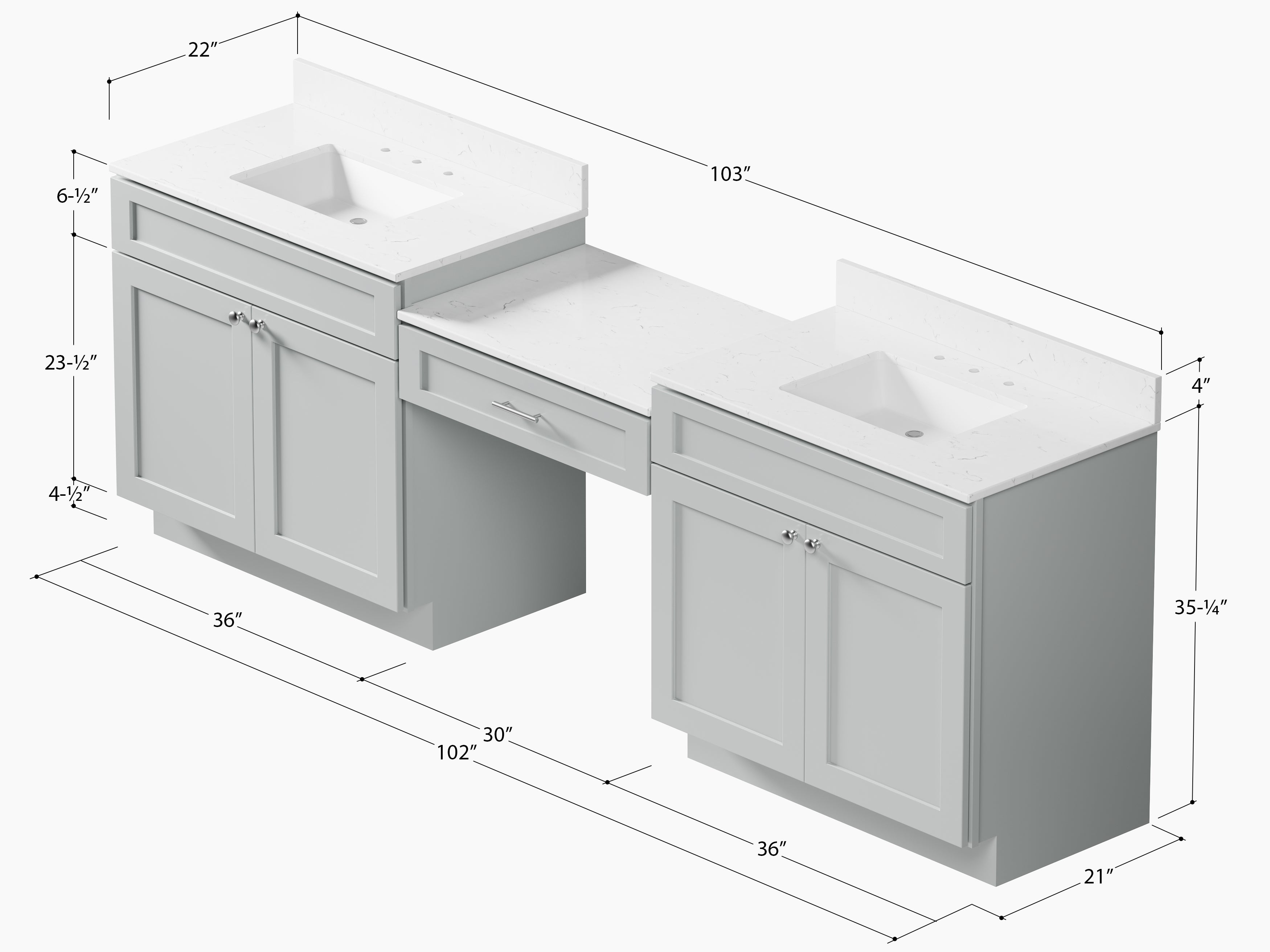 103'' Double Bathroom Vanity with Quartz Top