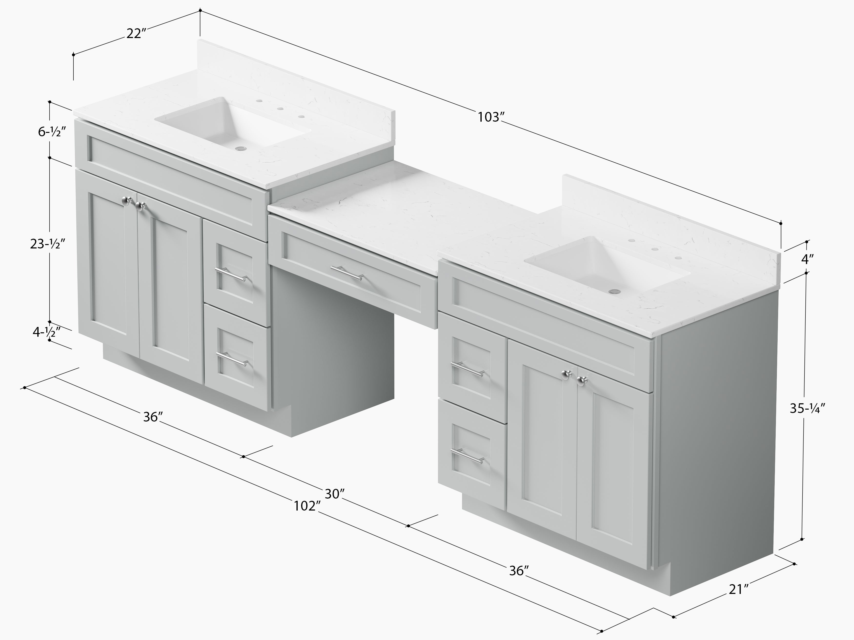 103'' Double Bathroom Vanity with Quartz Top, 5 Drawers