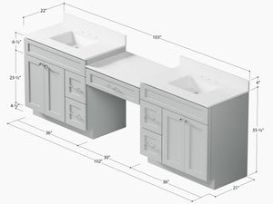 103'' Double Bathroom Vanity with Quartz Top, 5 Drawers