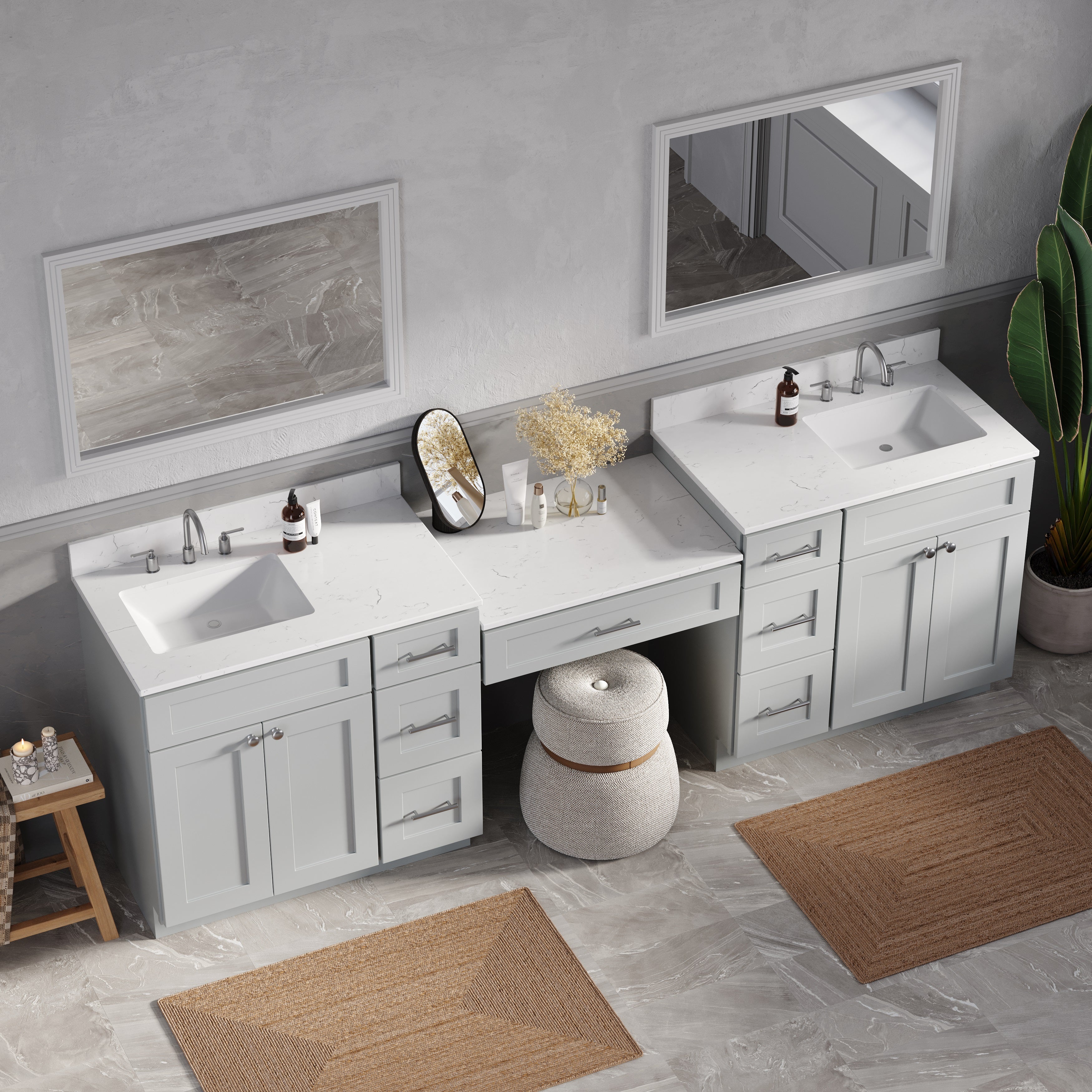 103'' Double Bathroom Vanity with Quartz Top, 7 Drawers