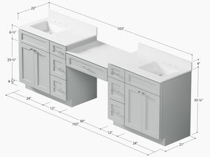 103'' Double Bathroom Vanity with Quartz Top, 7 Drawers