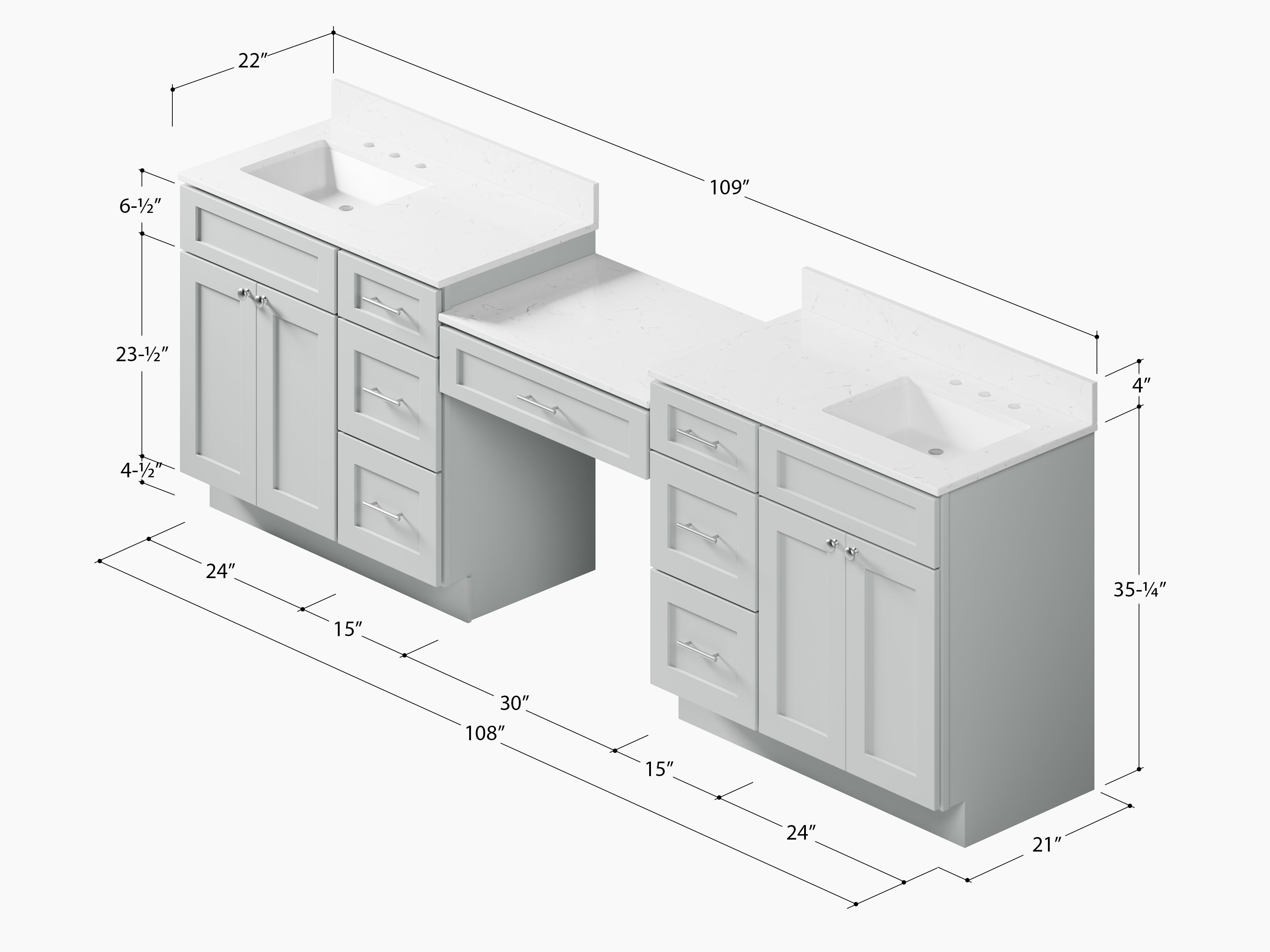 108'' Double Bathroom Vanity with Quartz Top, 7 Drawers