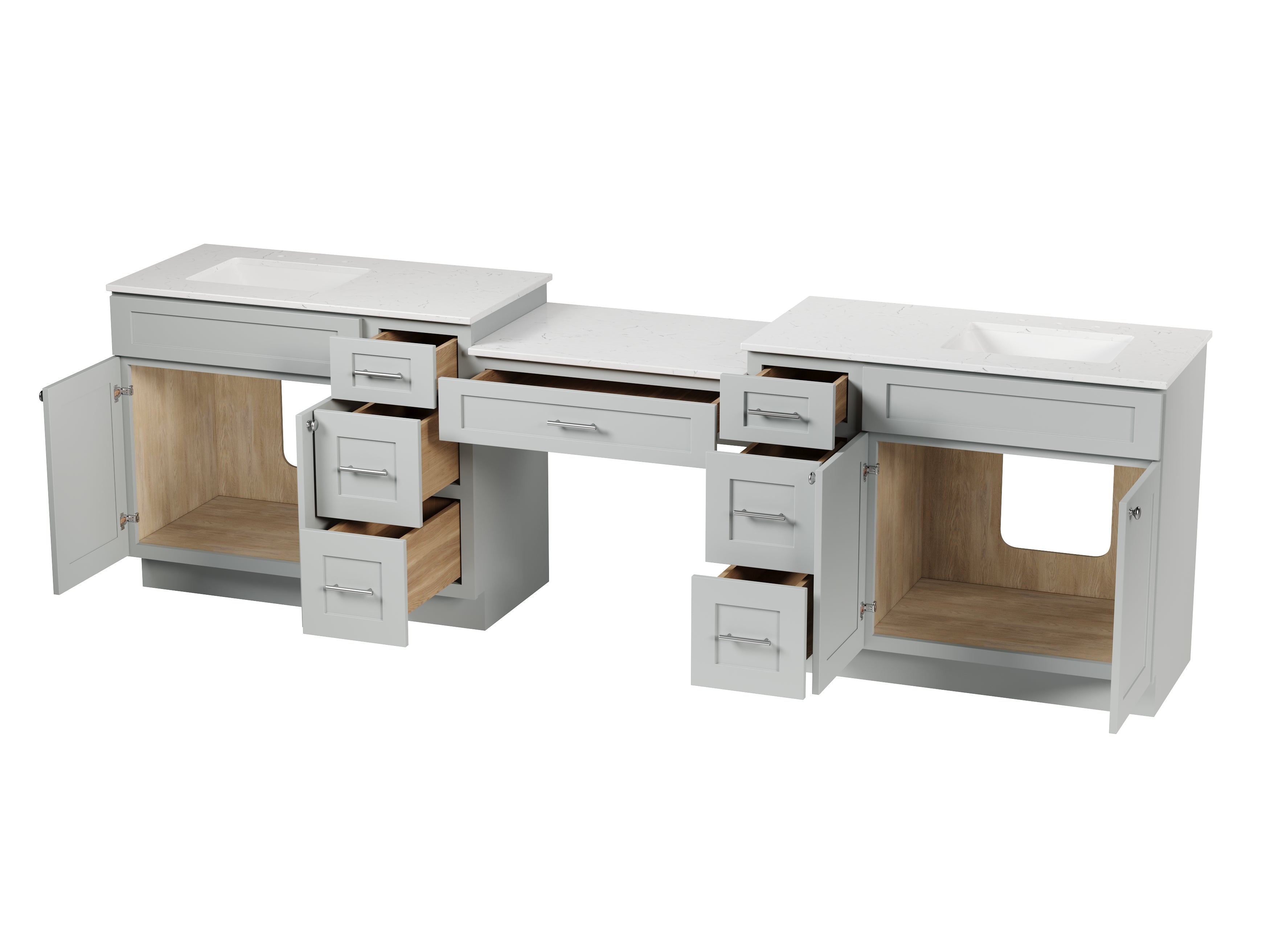 114'' Double Bathroom Vanity with Quartz Top, 7 Drawers