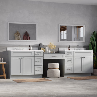 [color:Gray] 114" Double Bathroom Vanity Desk with Quartz Top, 7 Drawers - Gray finish view