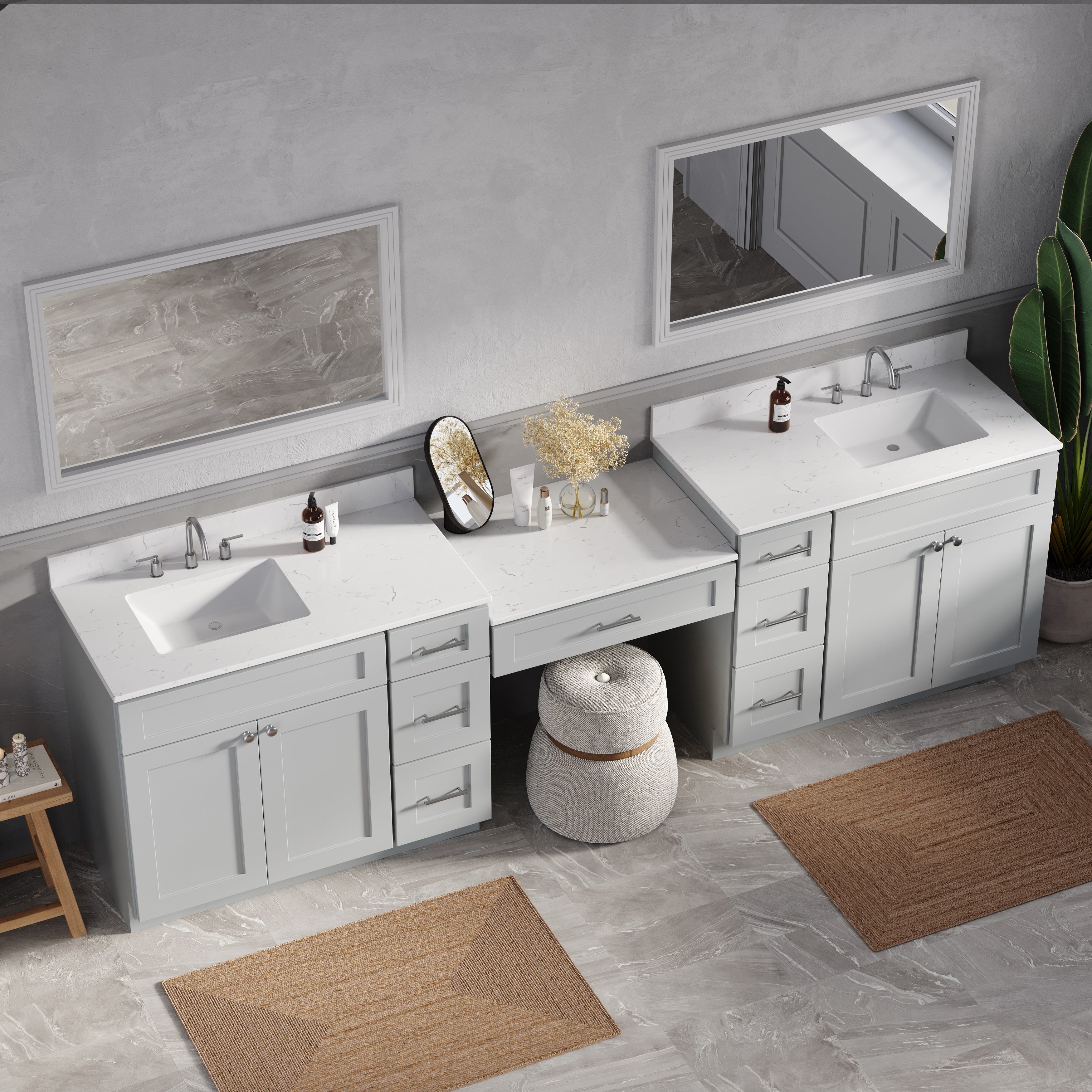 114'' Double Bathroom Vanity with Quartz Top, 7 Drawers