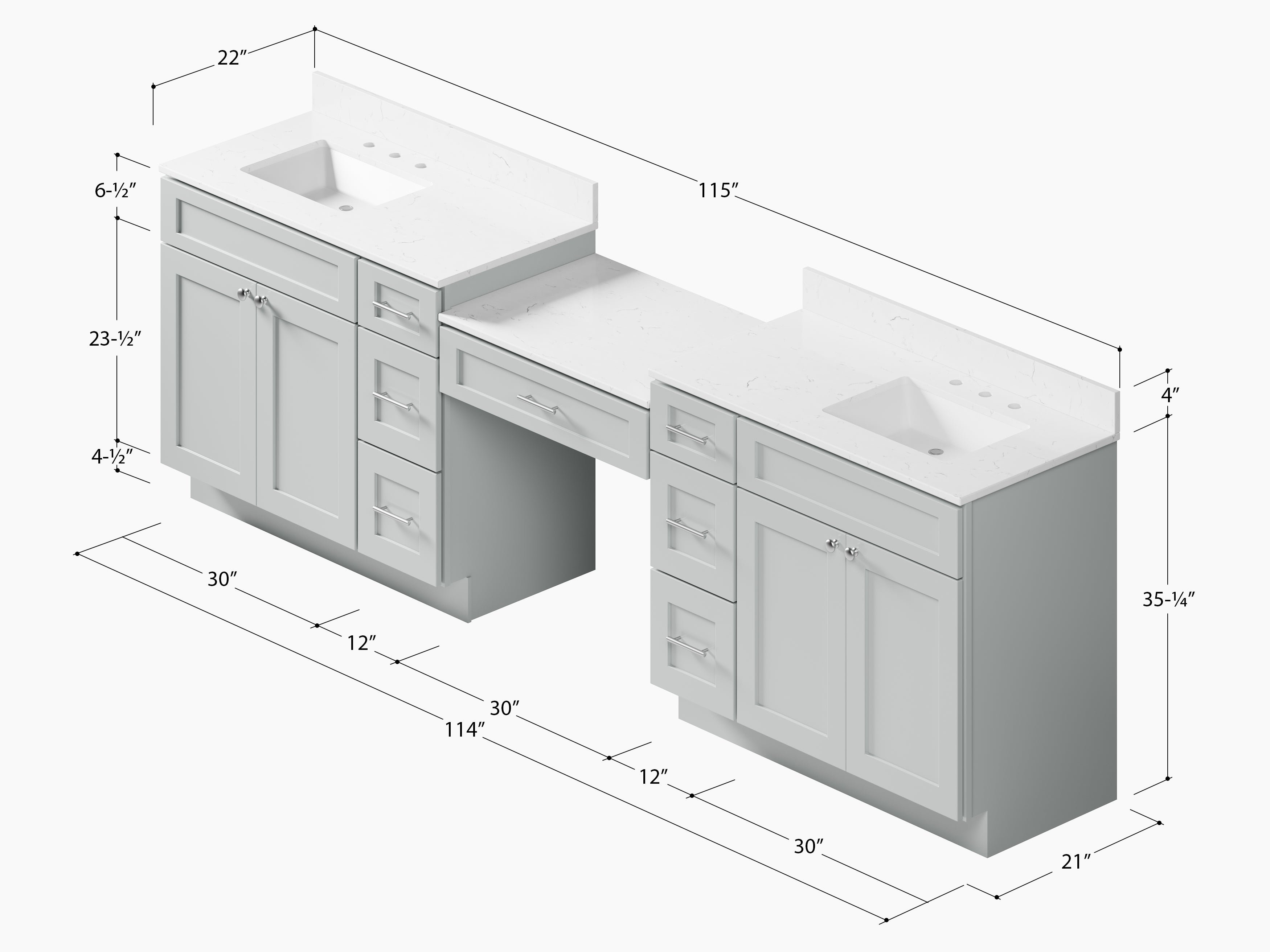114'' Double Bathroom Vanity with Quartz Top, 7 Drawers