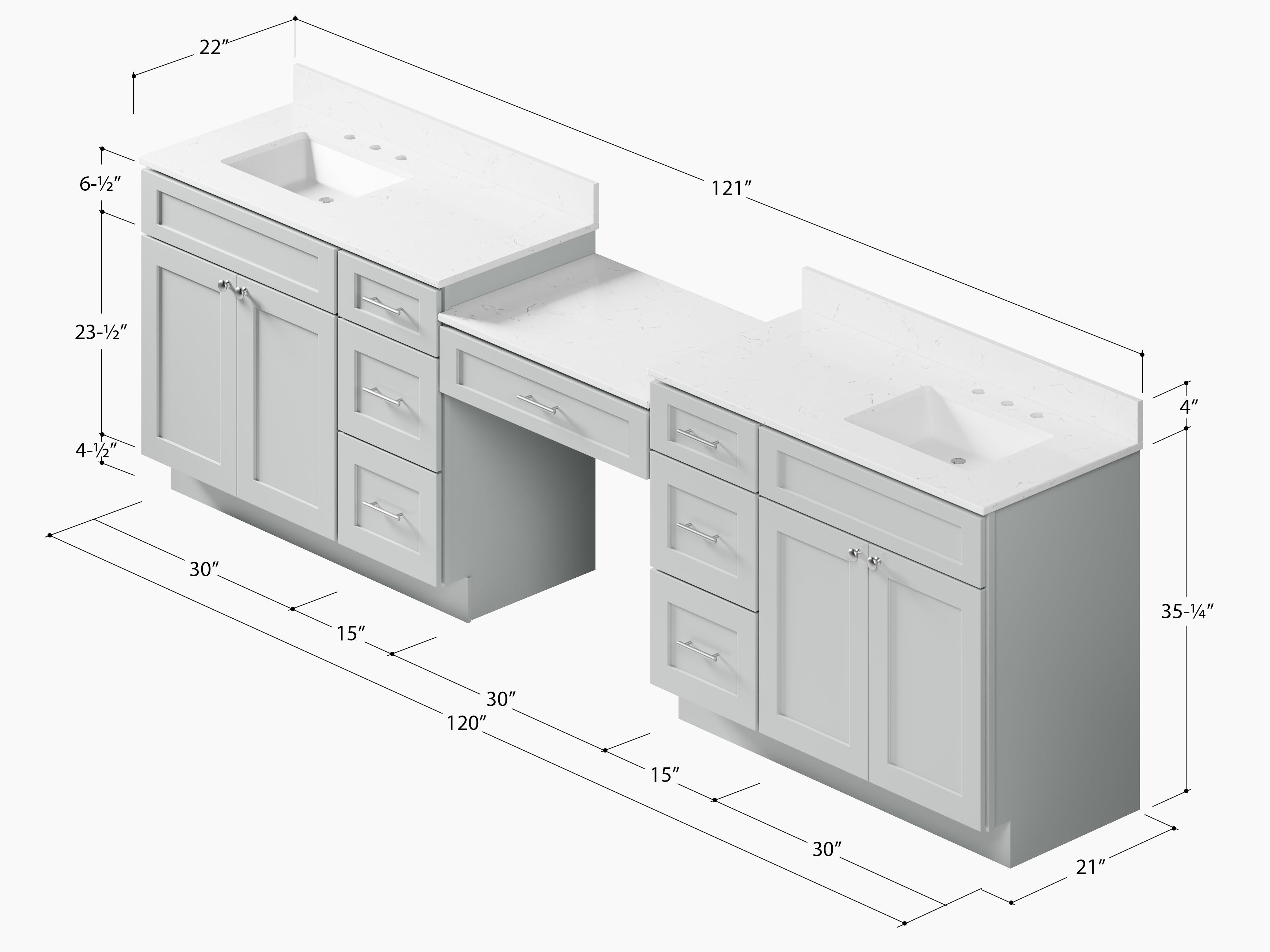 Disar 120" Double Bathroom Vanity Desk With Carrara Quartz Top 7 Drawers