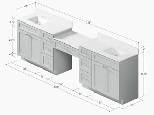 Disar 120" Double Bathroom Vanity Desk With Carrara Quartz Top 7 Drawers