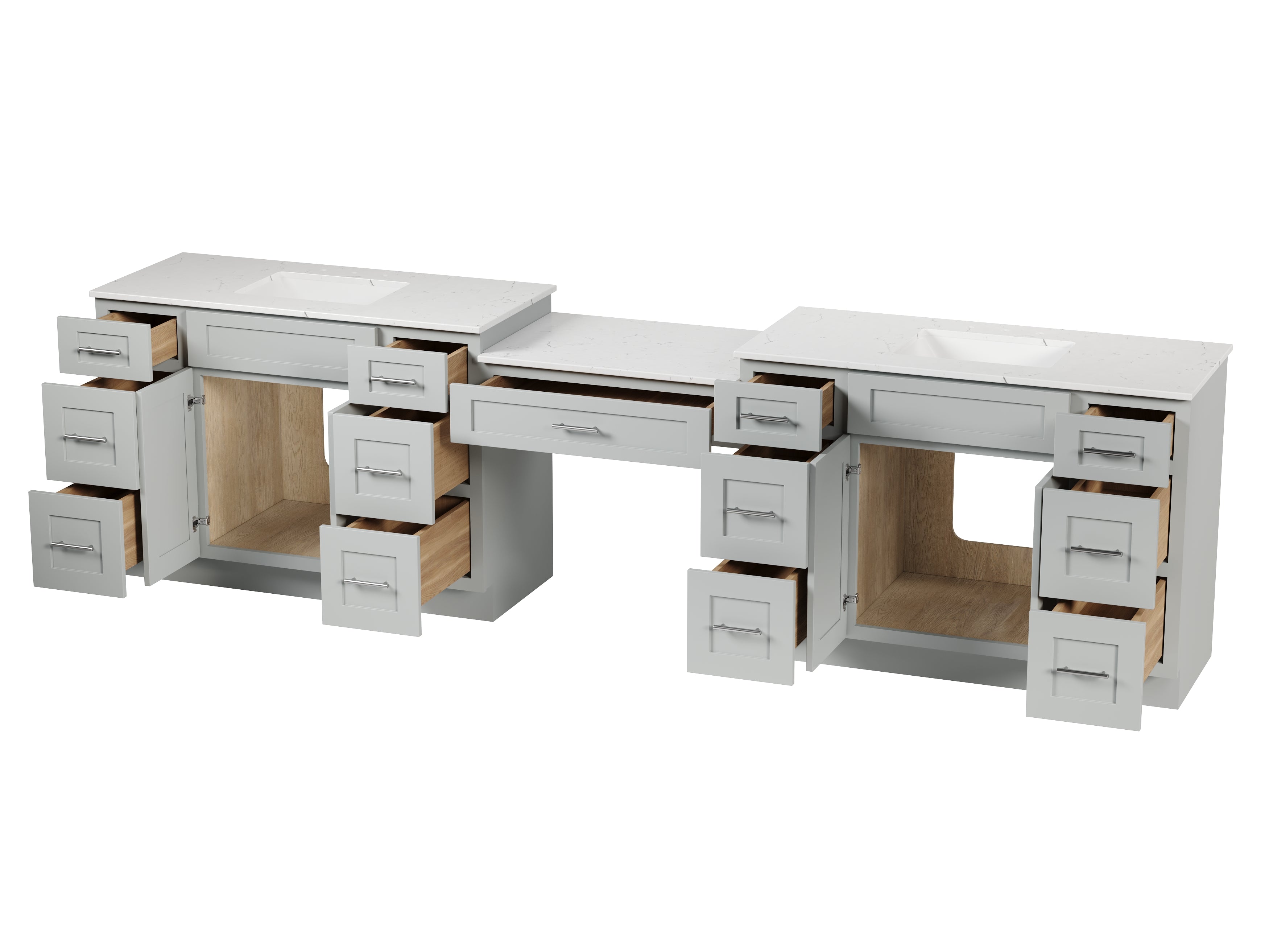 Disar 126'' Double Bathroom Vanity With Carrara Quartz Top, 13 Drawers