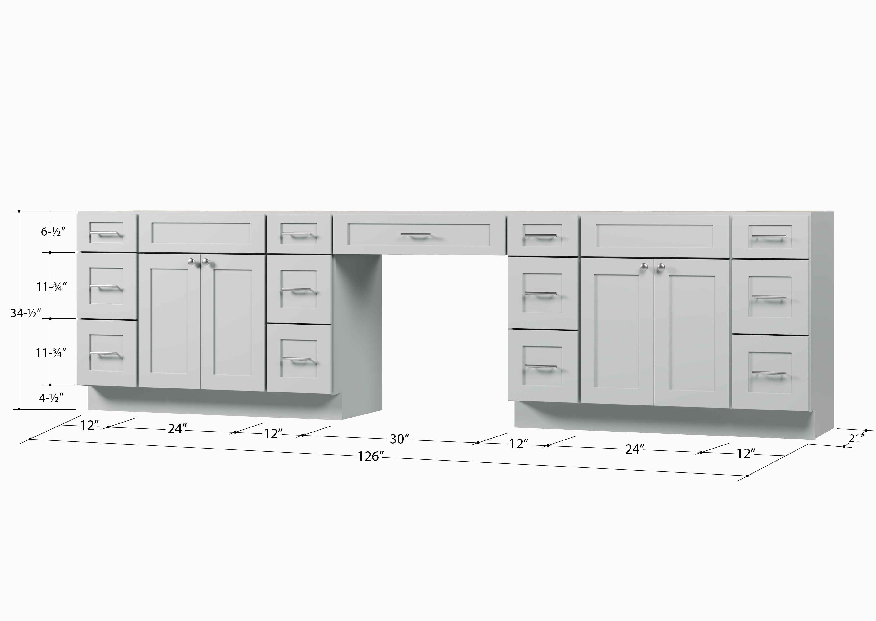 Disar 126'' Double Bathroom Vanity With Desk Dovetail Solid Wood Drawer Base Only With 13 Drawers
