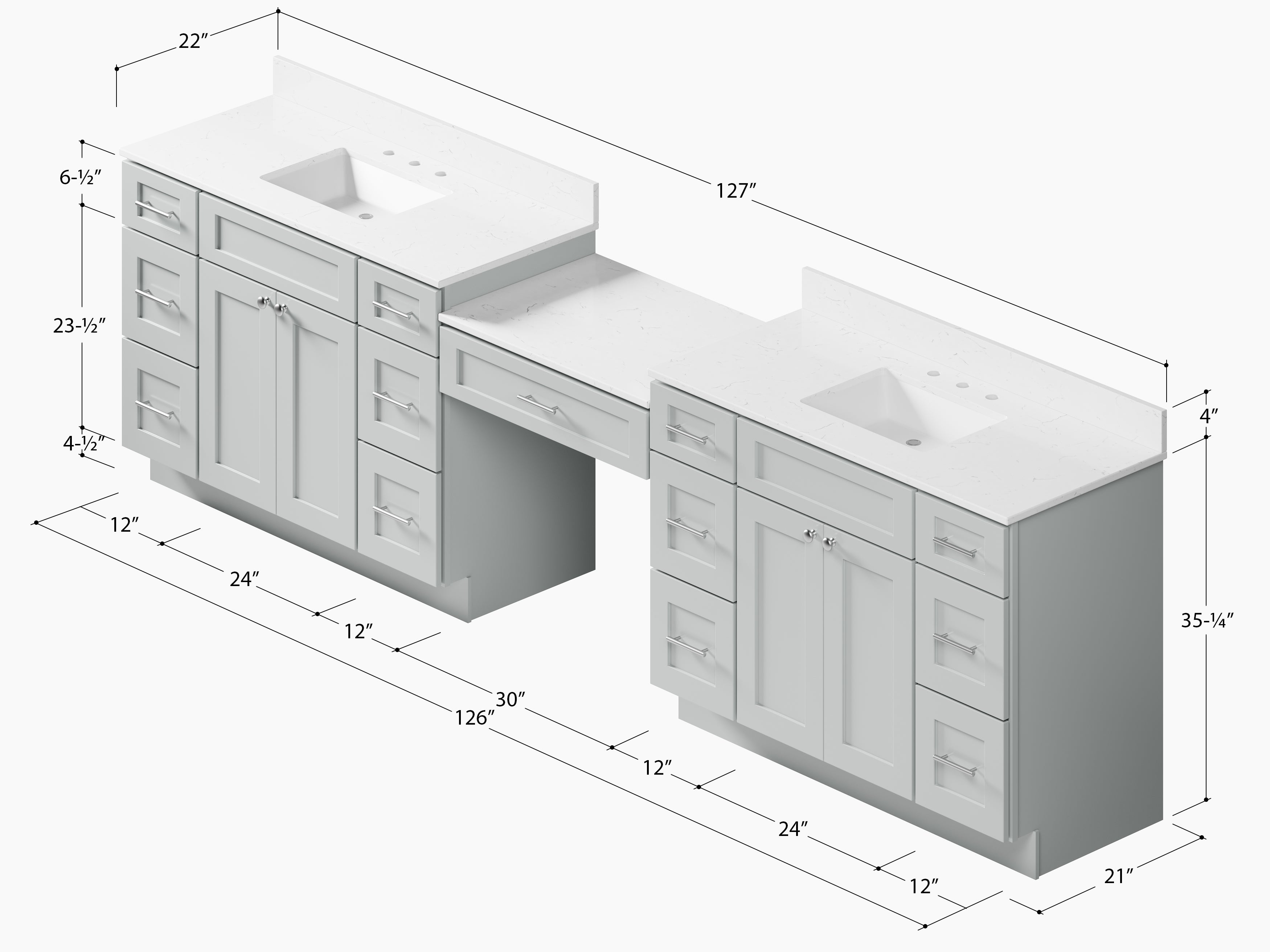 Disar 126'' Double Bathroom Vanity With Carrara Quartz Top, 13 Drawers