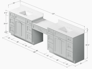 Disar 126'' Double Bathroom Vanity With Carrara Quartz Top, 13 Drawers