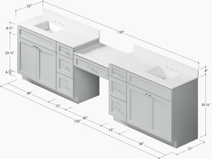 Disar 132'' Double Bathroom Vanity Desk With Carrara Quartz Top, 7 Drawers