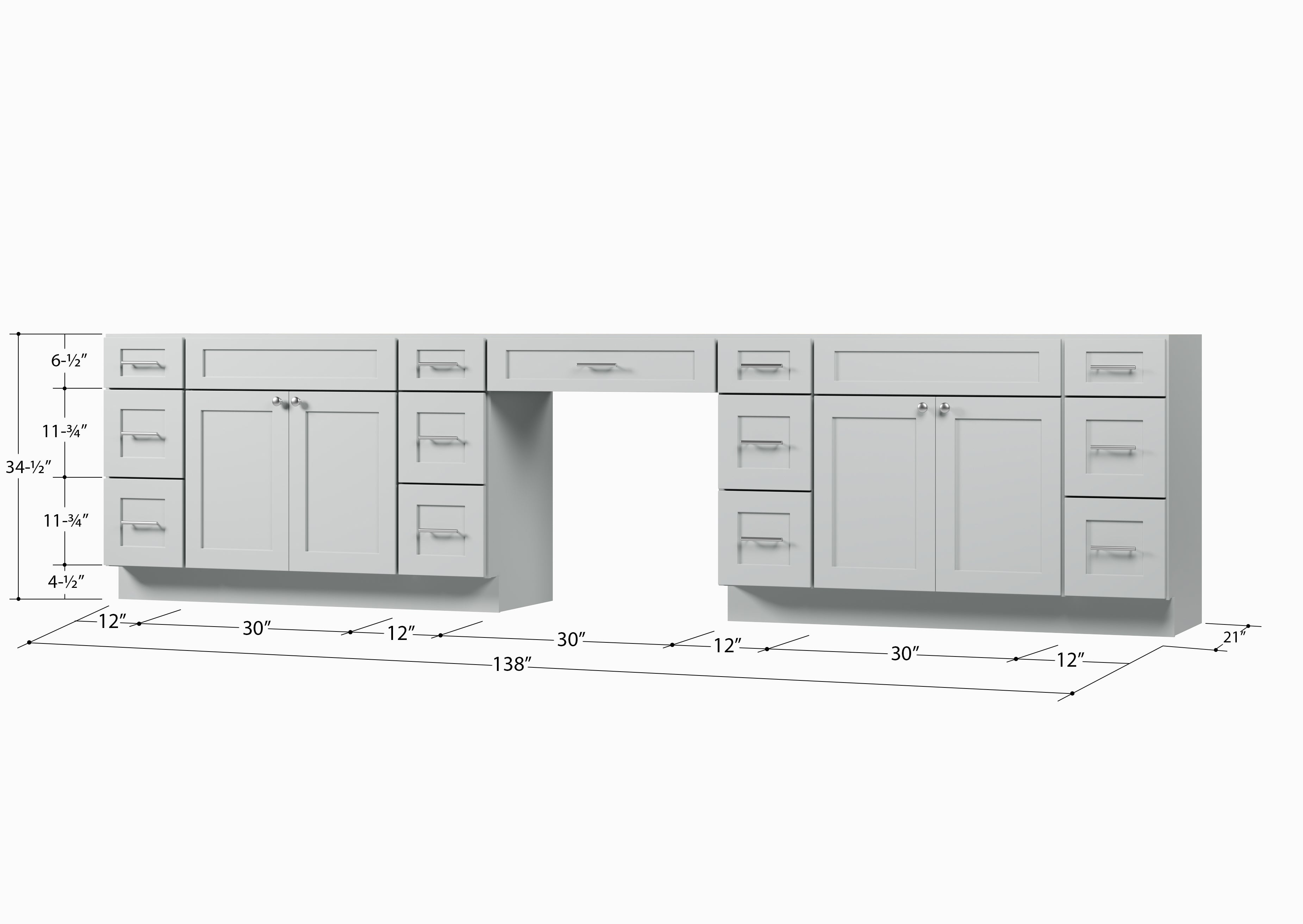 138'' Double Bathroom Vanity Base Only With 13 Drawers