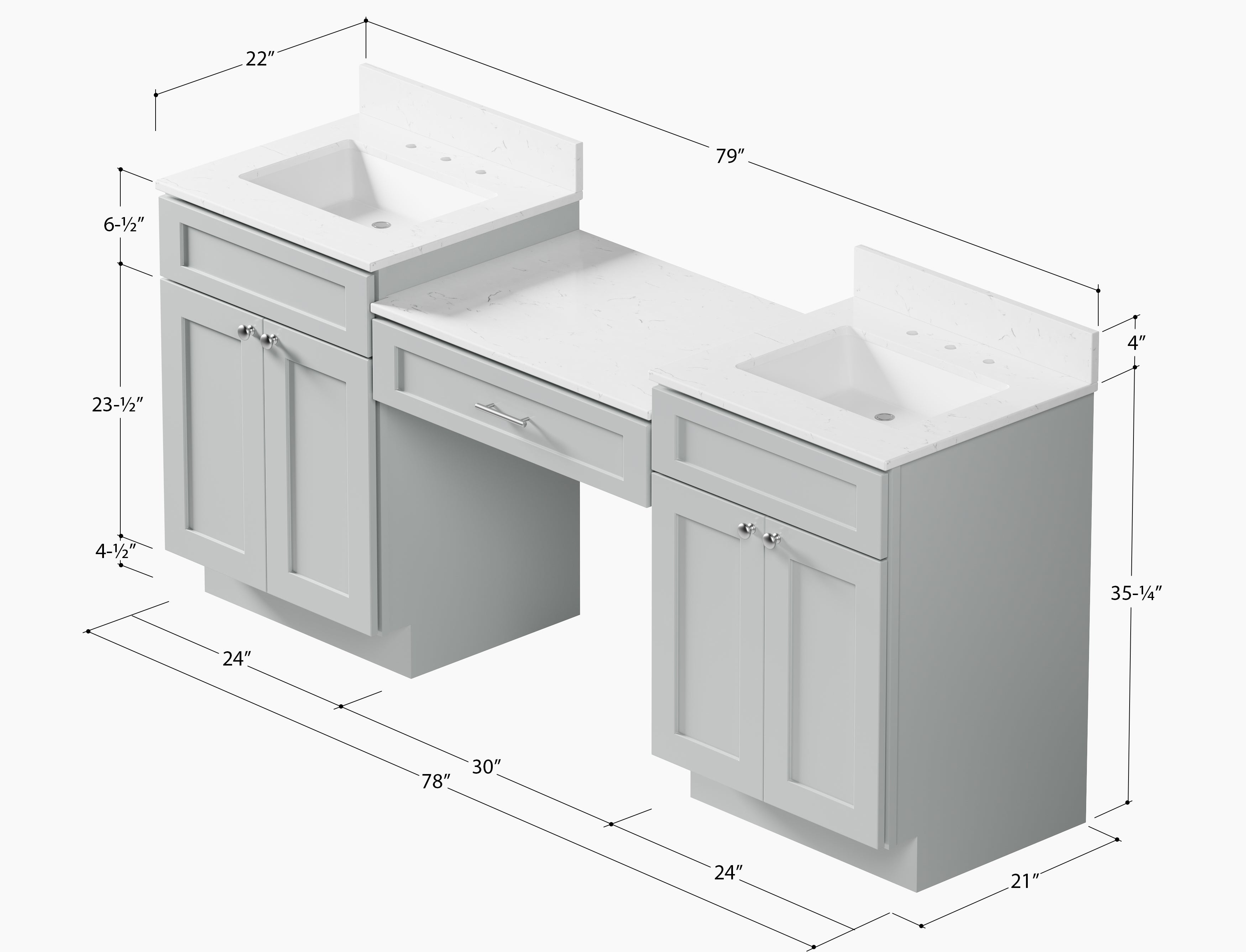79'' Double Bathroom Vanity Desk with Quartz Top