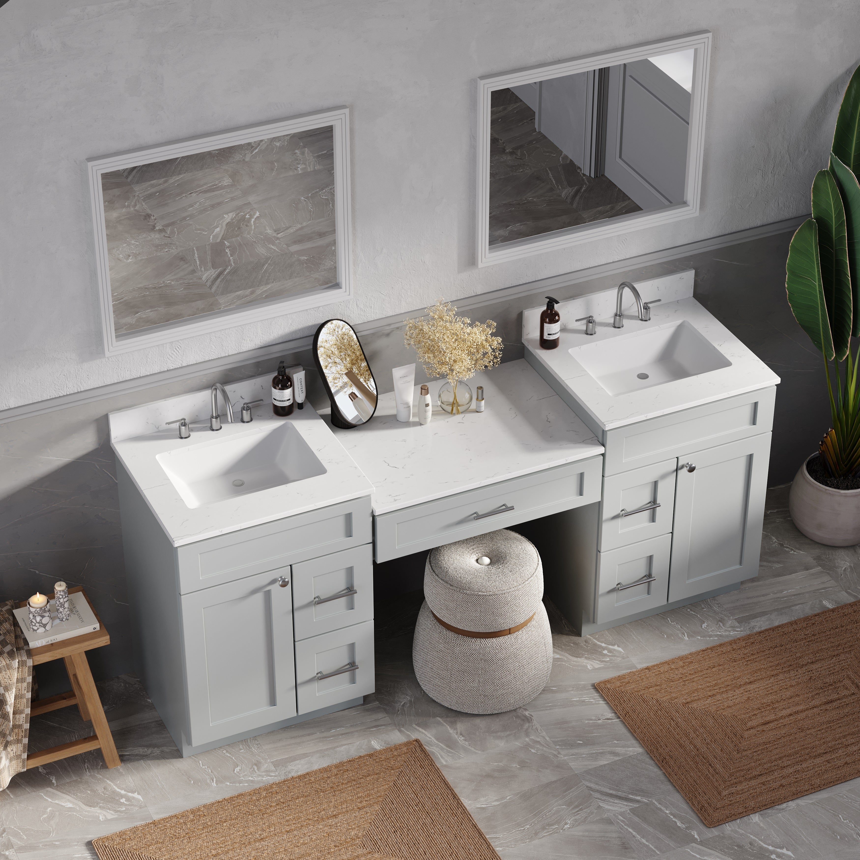 78'' Double Bathroom Vanity Desk  With Carrara Quartz Top, 5 Drawers