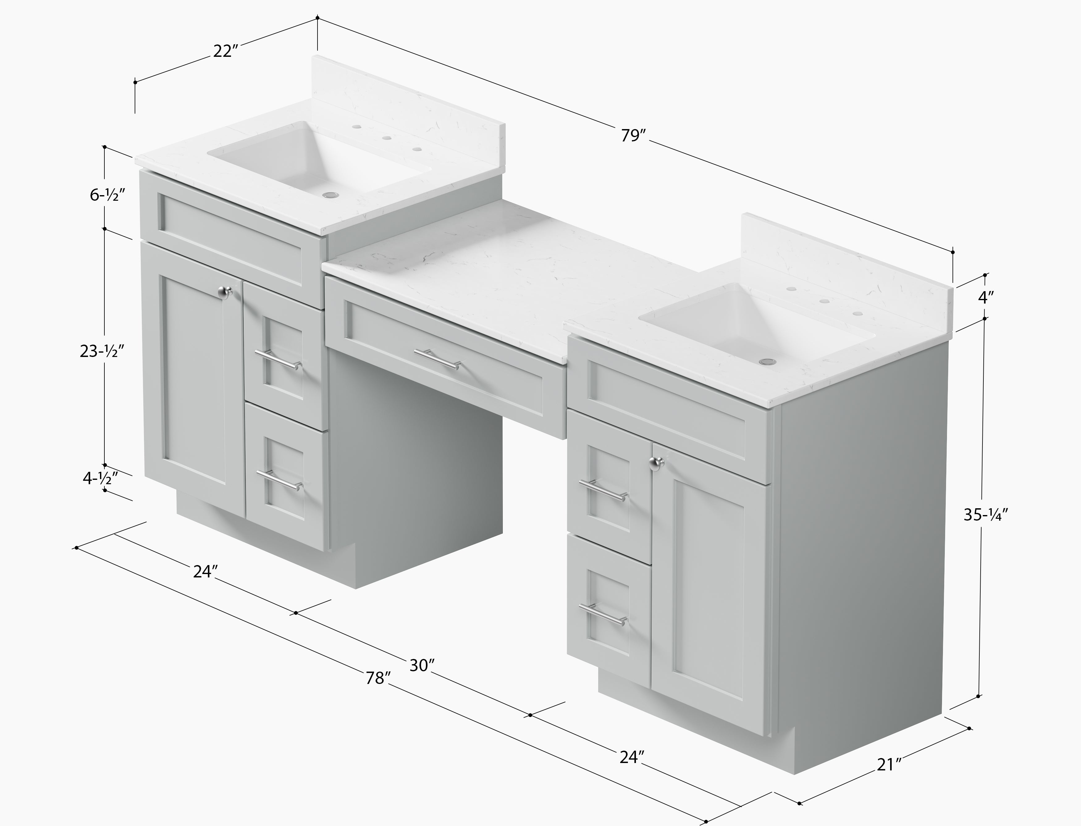 78'' Double Bathroom Vanity Desk  With Carrara Quartz Top, 5 Drawers