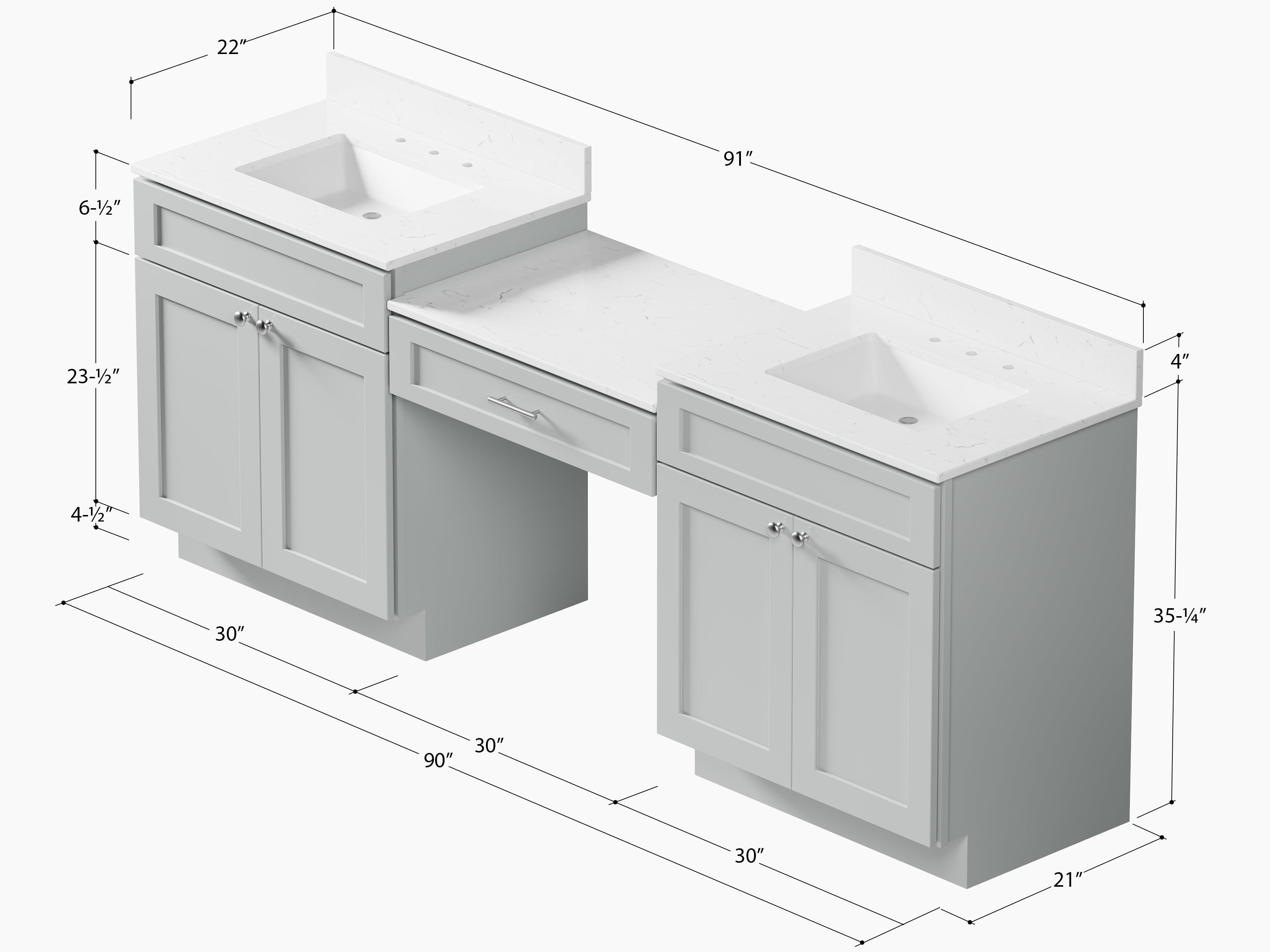 91'' Double Bathroom Vanity Desk  with Quartz Top