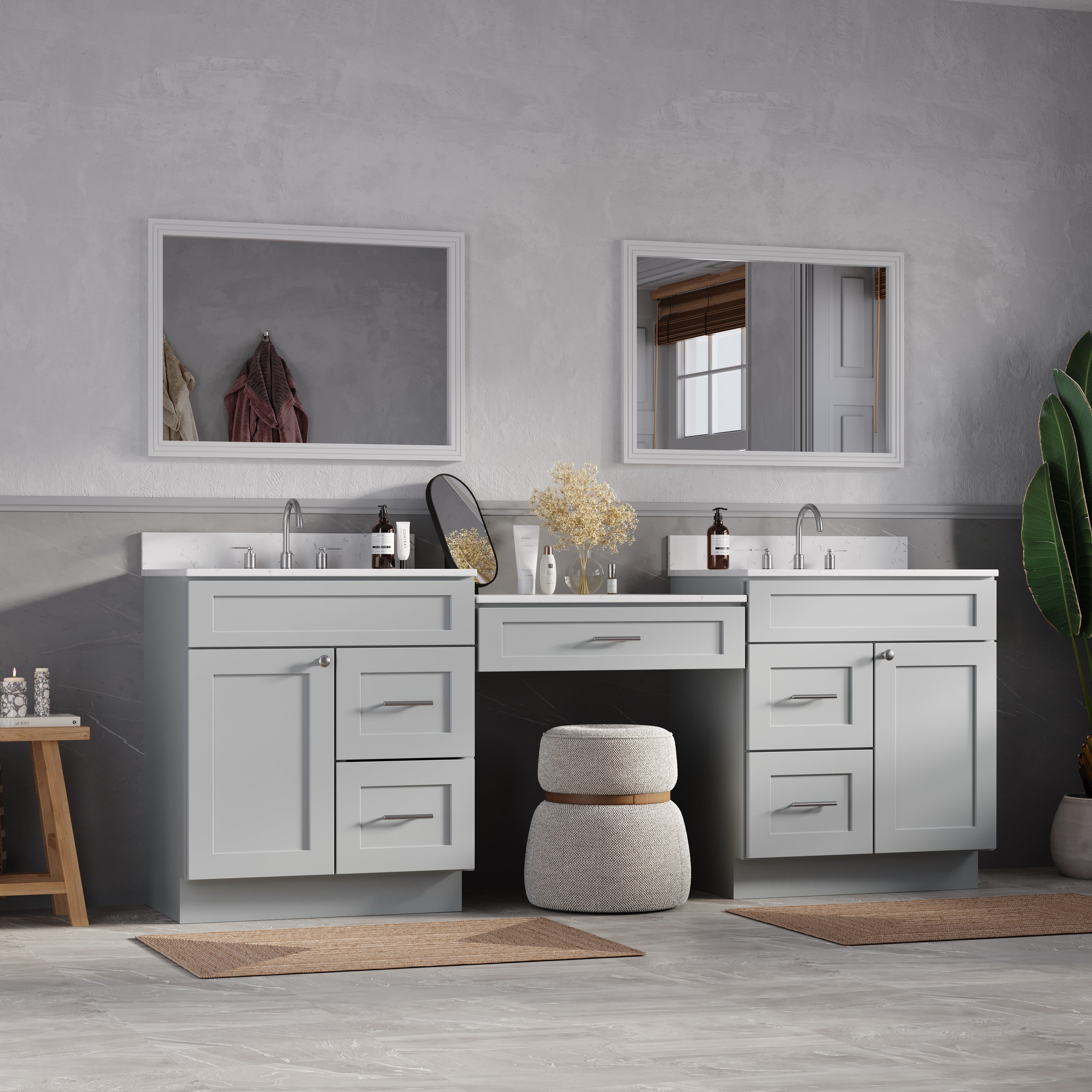 91'' Double Bathroom Vanity Desk  with Quartz Top, 5 Drawers