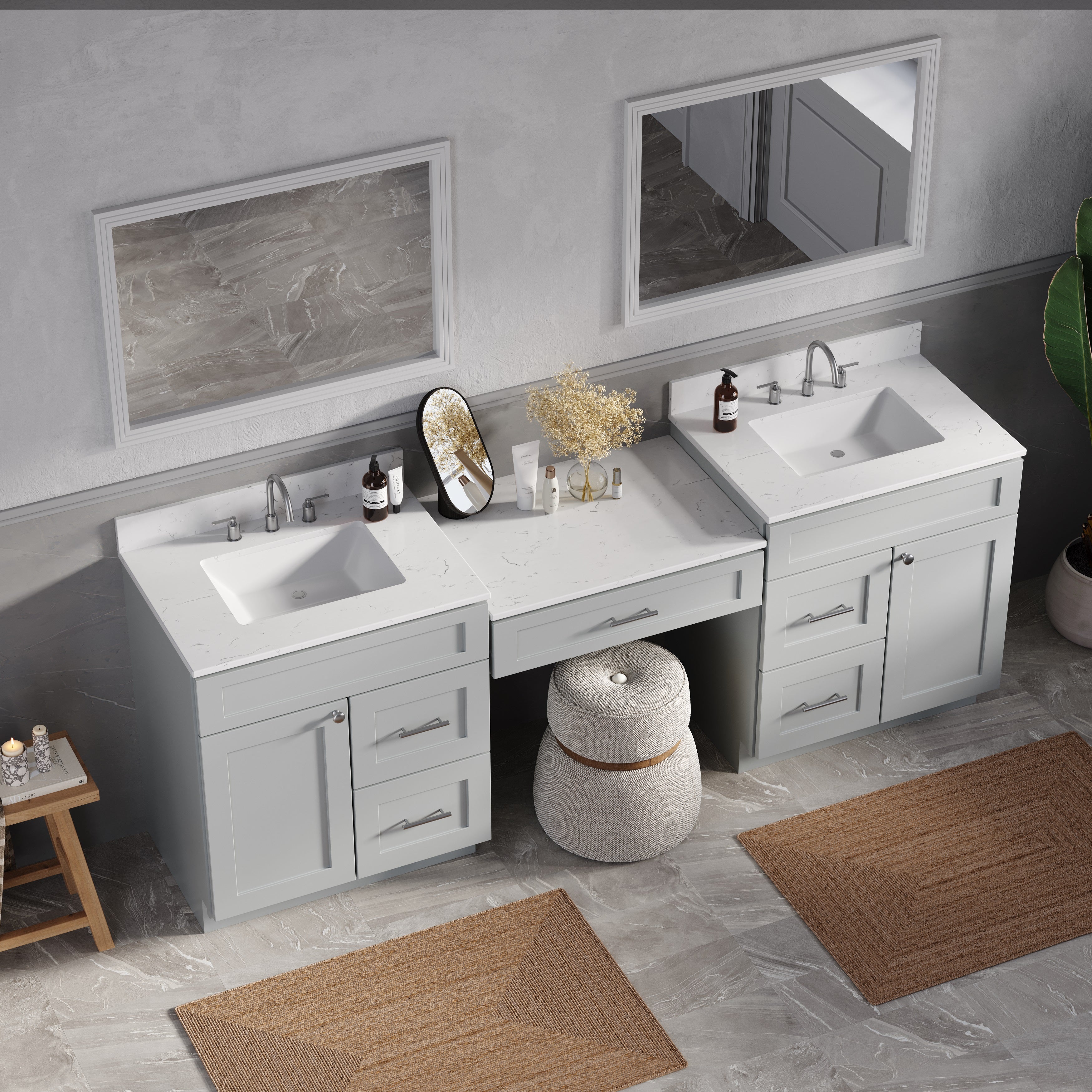 91'' Double Bathroom Vanity Desk  with Quartz Top, 5 Drawers