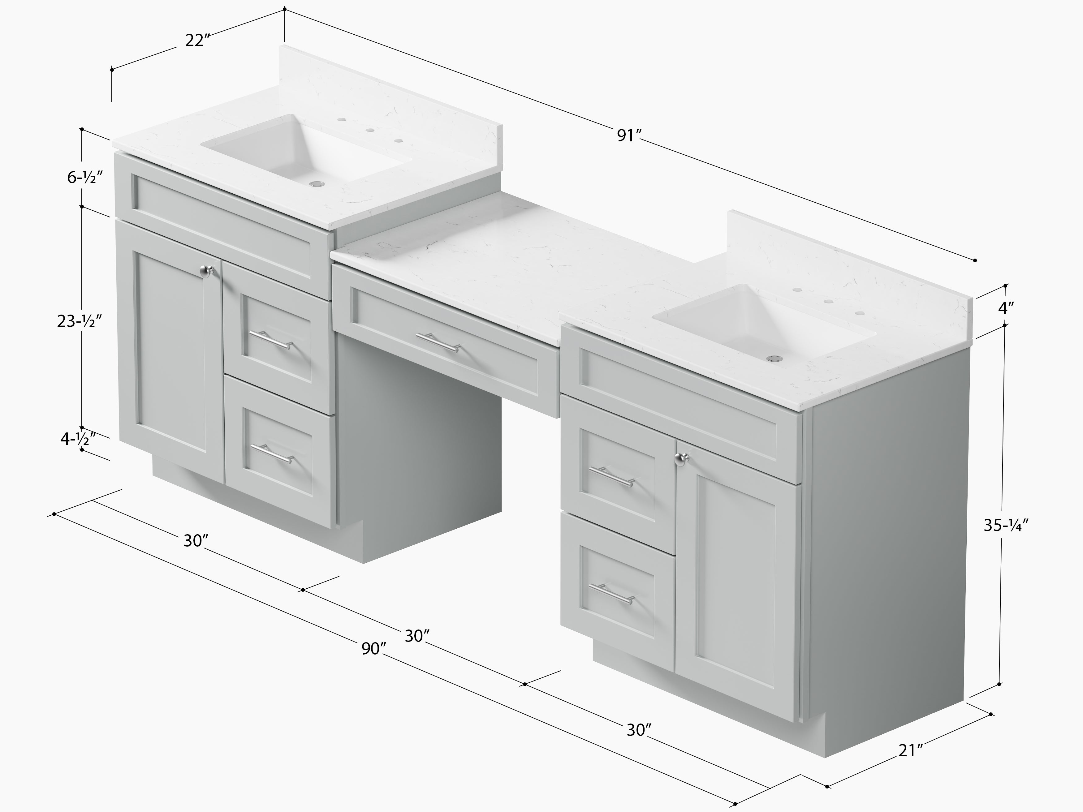 91'' Double Bathroom Vanity Desk  with Quartz Top, 5 Drawers