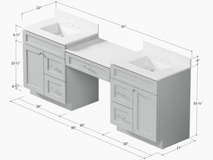 91'' Double Bathroom Vanity Desk  with Quartz Top, 5 Drawers