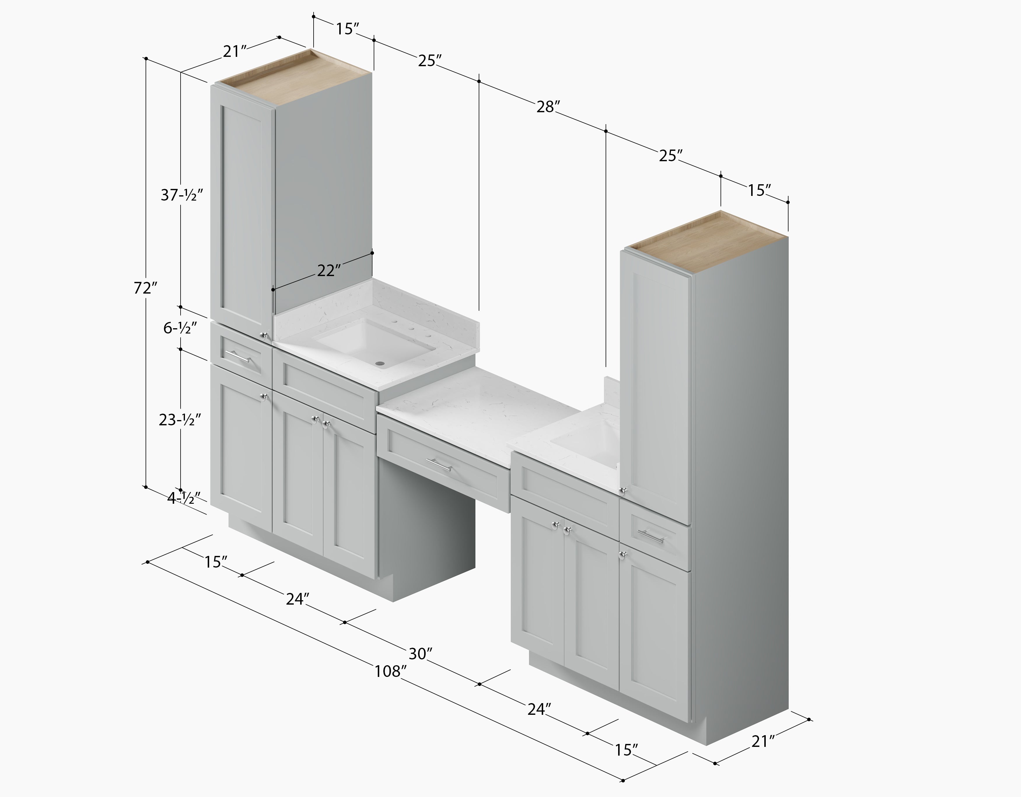 Disar 108'' Double Bathroom Vanity With Desk Linen Tall Cabinet Dovetail Solid Wood Drawer Carrara Quartz Top, Drawer 3
