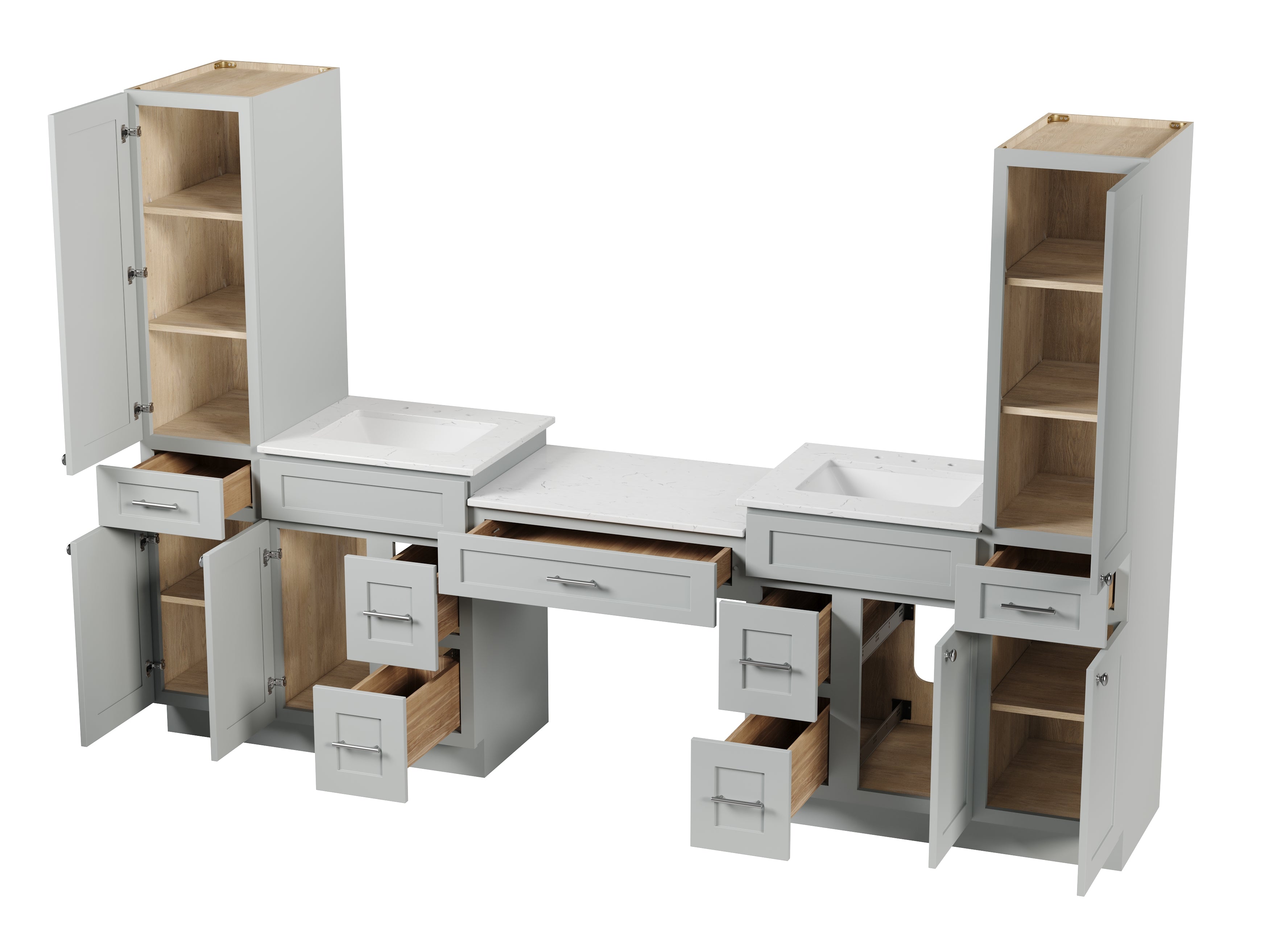 Disar 108'' Double Bathroom Vanity With Desk Linen Tall Cabinet Dovetail Solid Wood Drawer Carrara Quartz Top Drawer 7