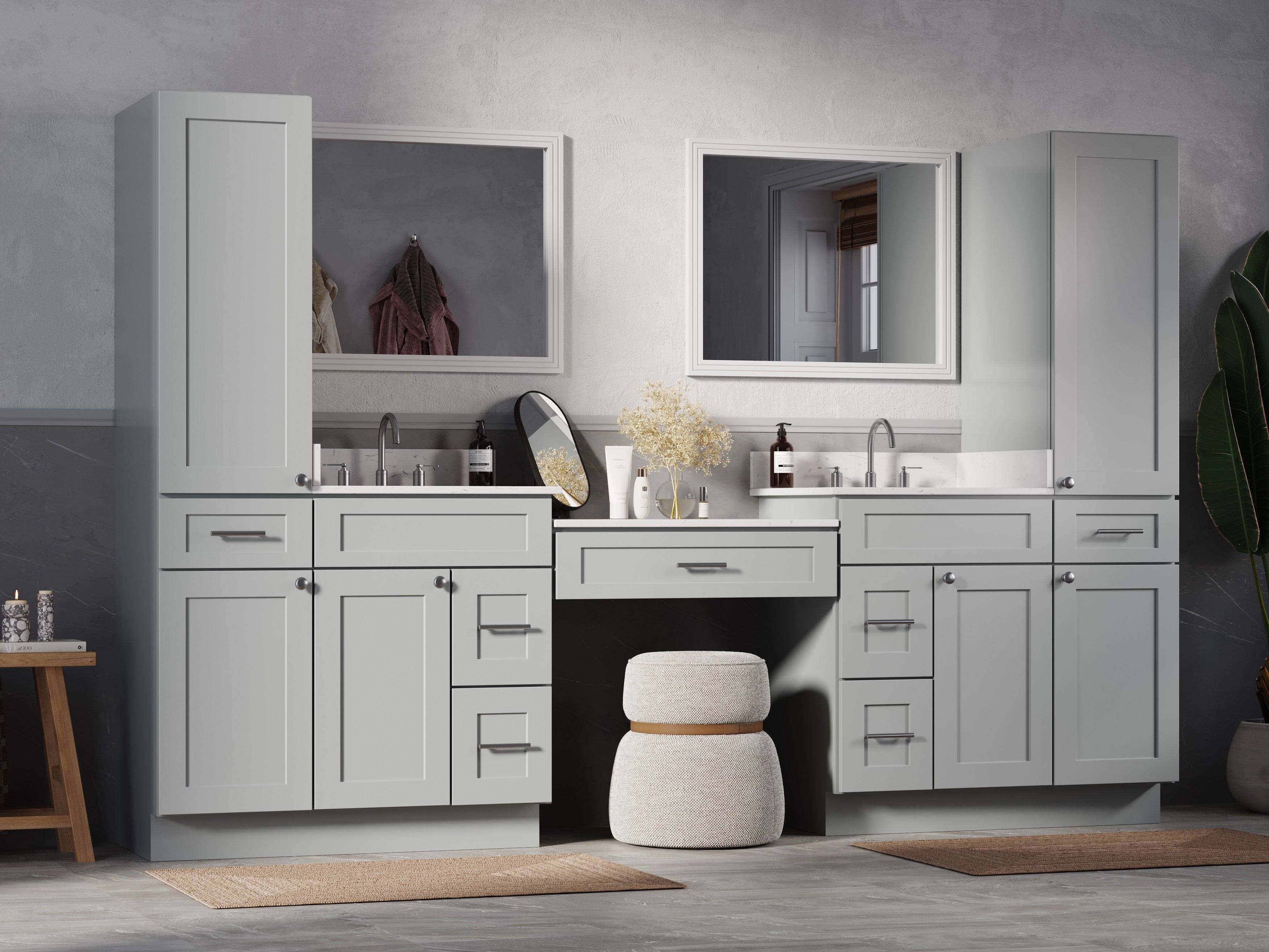 Disar 108'' Double Bathroom Vanity With Desk Linen Tall Cabinet Dovetail Solid Wood Drawer Carrara Quartz Top Drawer 7