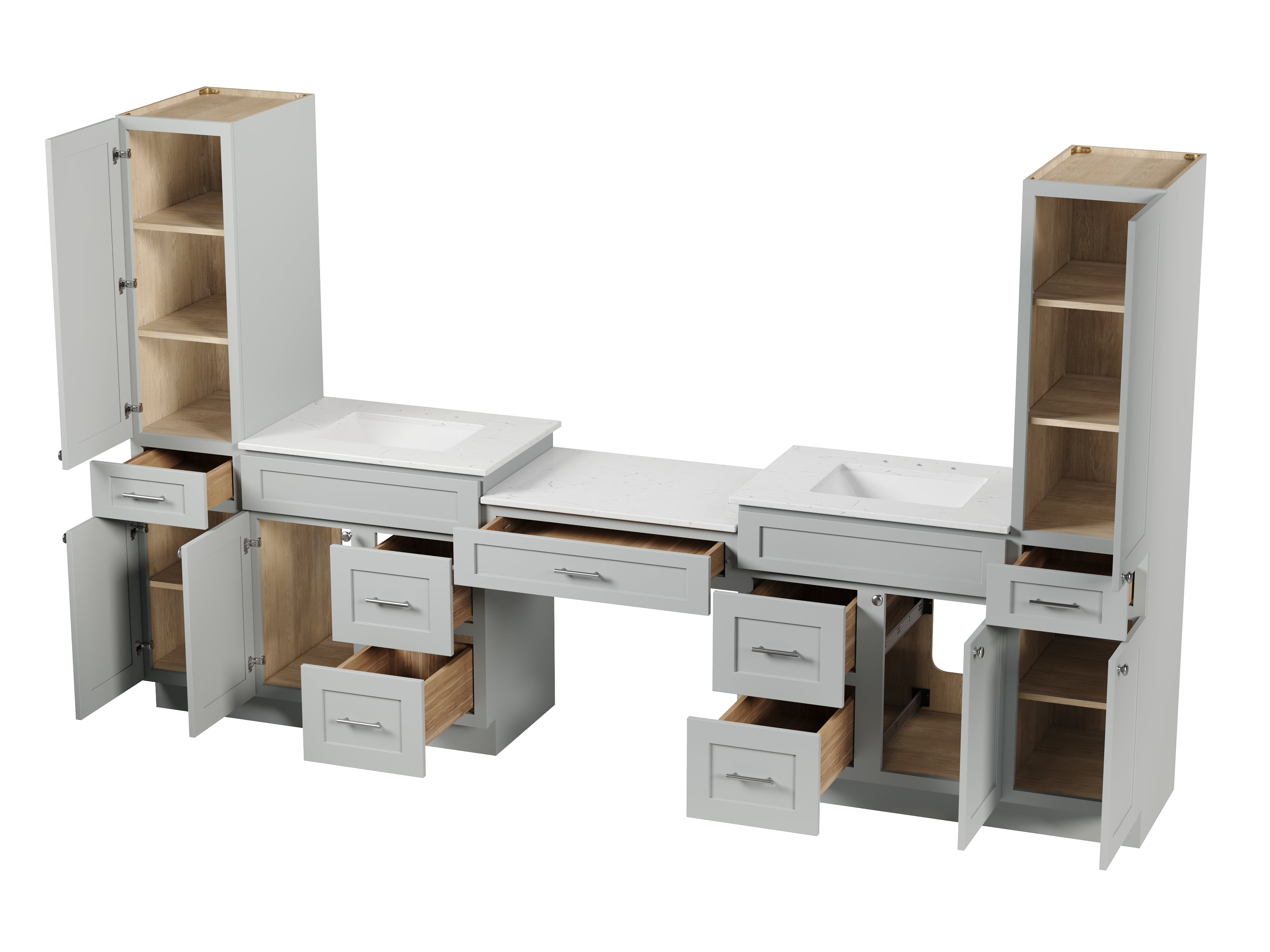 Disar 120'' Double Bathroom Vanity With Desk Linen Tall Cabinet Dovetail Solid Wood Drawer Carrara Quartz Top, Drawer 7