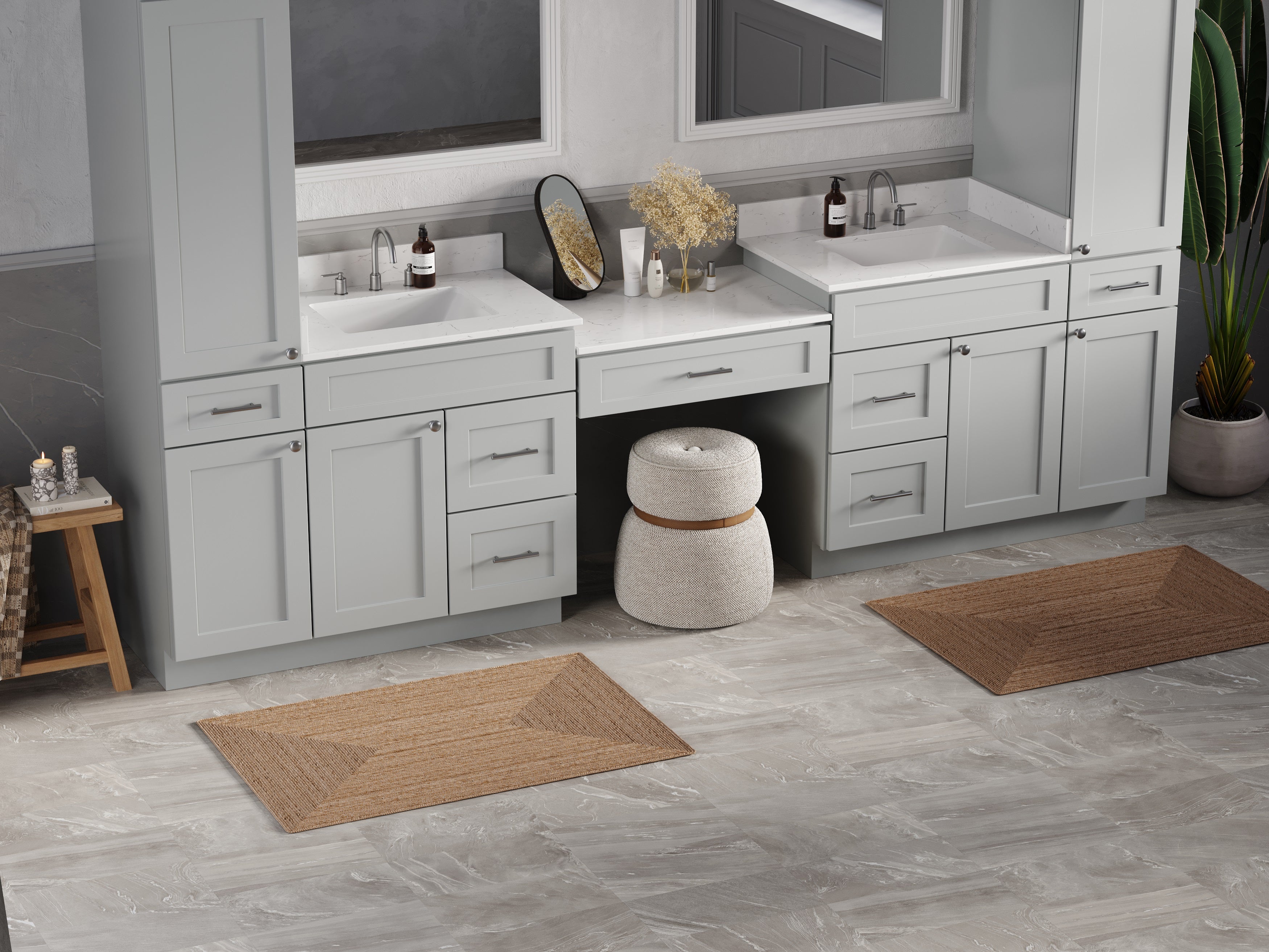 Disar 120'' Double Bathroom Vanity With Desk Linen Tall Cabinet Dovetail Solid Wood Drawer Carrara Quartz Top, Drawer 7