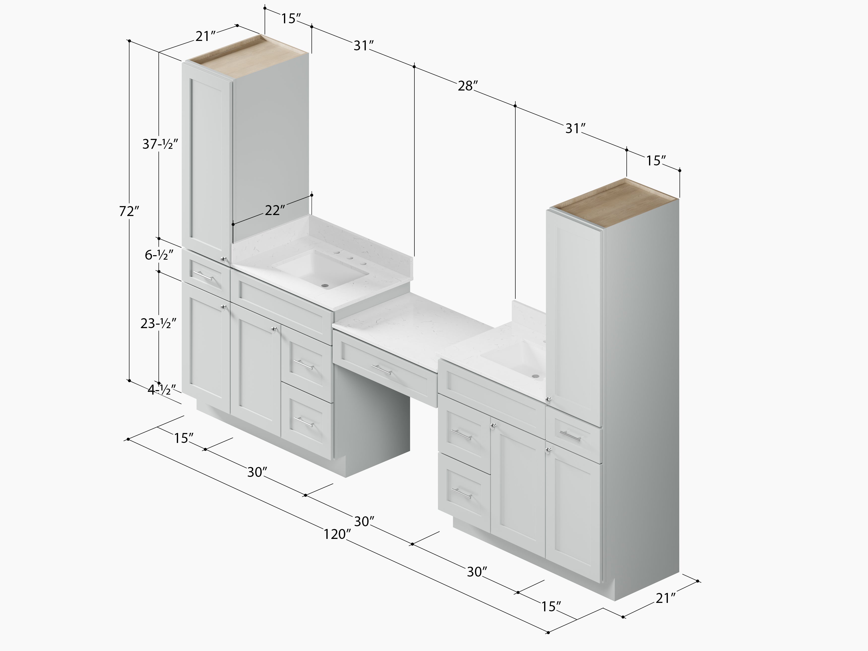 Disar 120'' Double Bathroom Vanity With Desk Linen Tall Cabinet Dovetail Solid Wood Drawer Carrara Quartz Top, Drawer 7