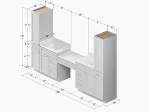 Disar 120'' Double Bathroom Vanity With Desk Linen Tall Cabinet Dovetail Solid Wood Drawer Carrara Quartz Top, Drawer 7