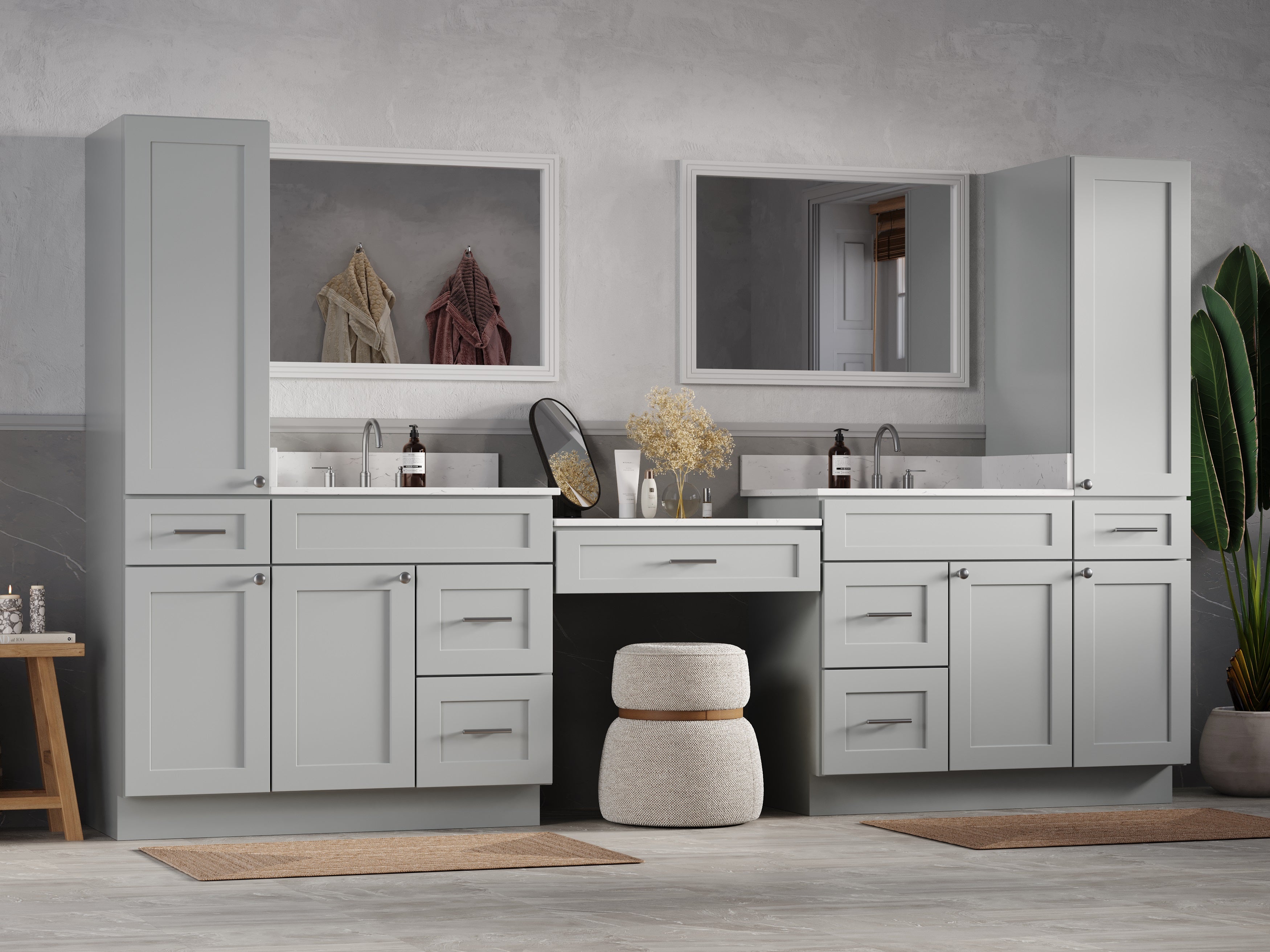 Disar 120'' Double Bathroom Vanity With Desk Linen Tall Cabinet Dovetail Solid Wood Drawer Carrara Quartz Top, Drawer 7