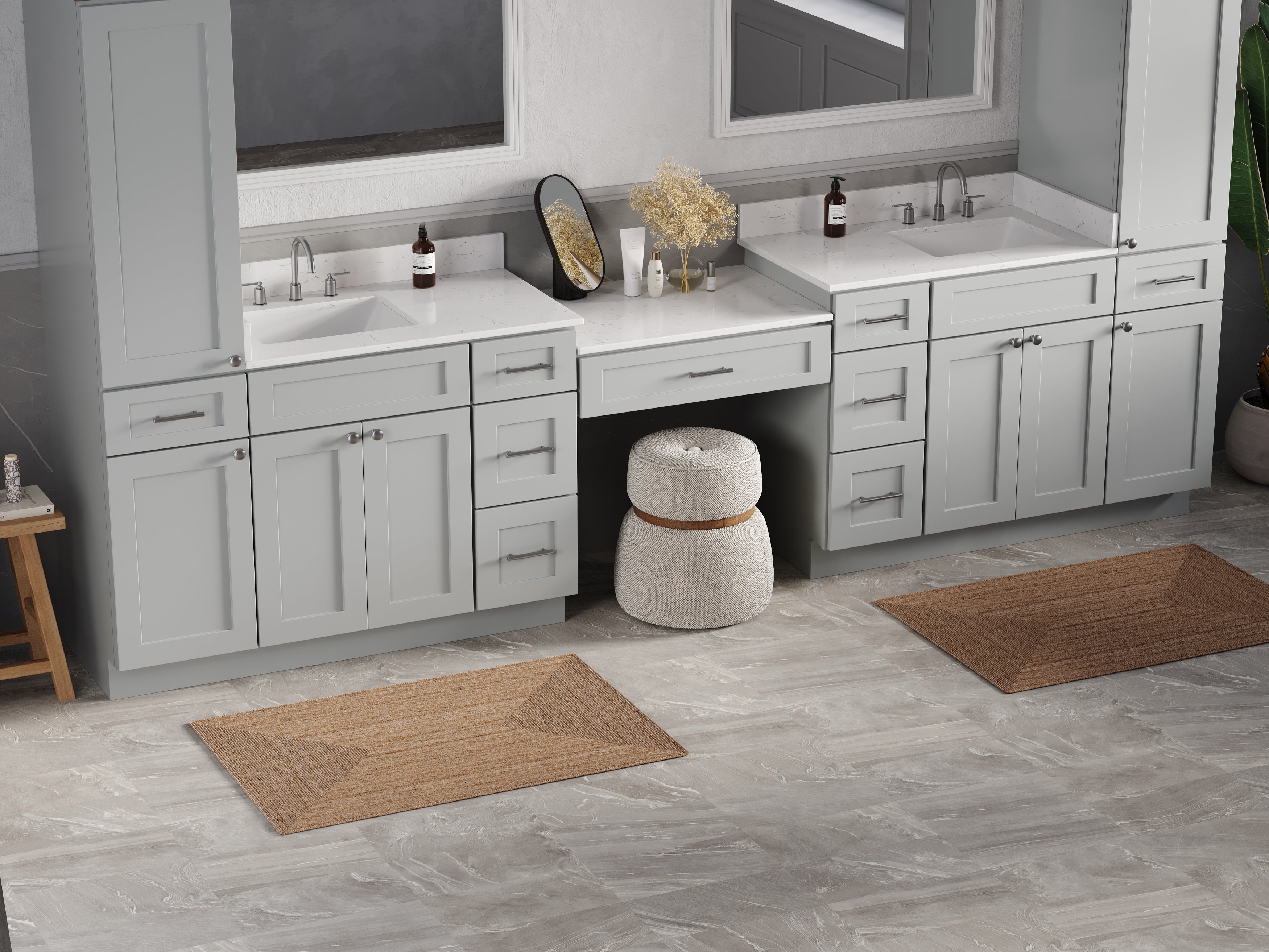 Disar 132'' Double Bathroom Vanity With Desk Linen Tall Cabinet Dovetail Solid Wood Drawer Carrara Quartz Top, Drawer 9