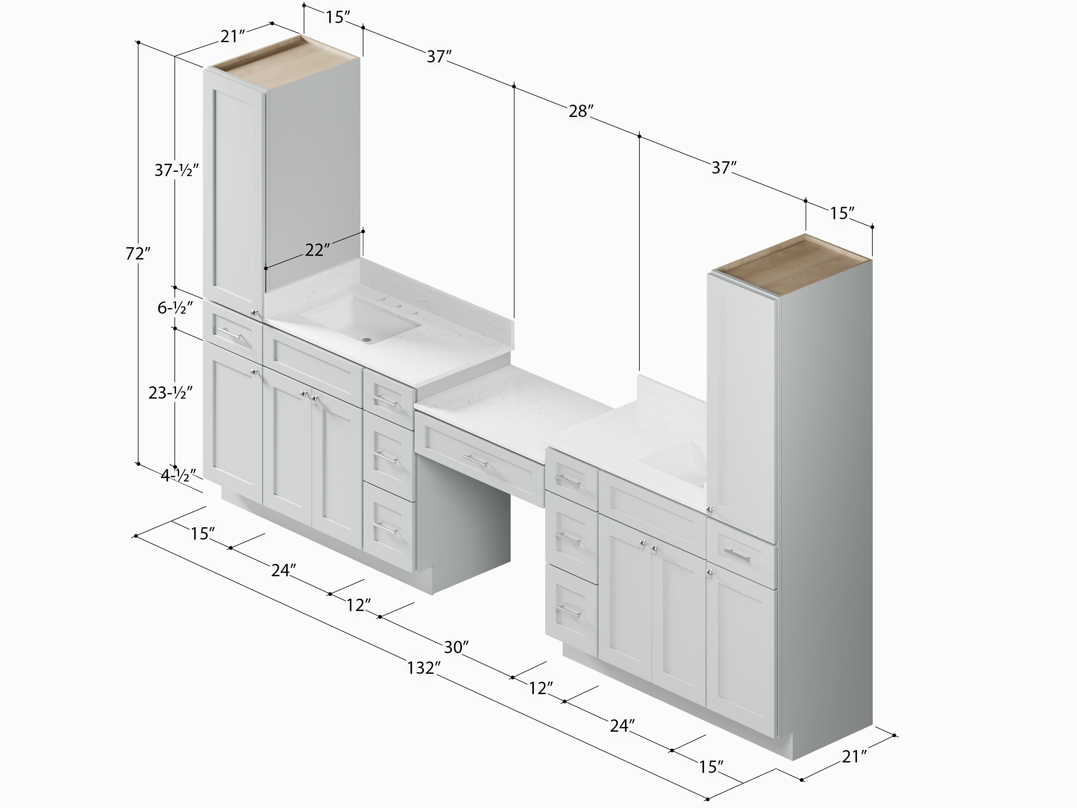 Disar 132'' Double Bathroom Vanity With Desk Linen Tall Cabinet Dovetail Solid Wood Drawer Carrara Quartz Top, Drawer 9