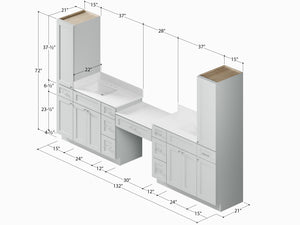 Disar 132'' Double Bathroom Vanity With Desk Linen Tall Cabinet Dovetail Solid Wood Drawer Carrara Quartz Top, Drawer 9