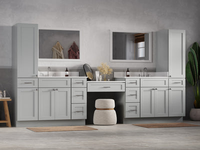 [color:Gray] 132'' Vanity With Desk Linen Tall Cabinet, Quartz Top, Drawer 9 - makeup area view