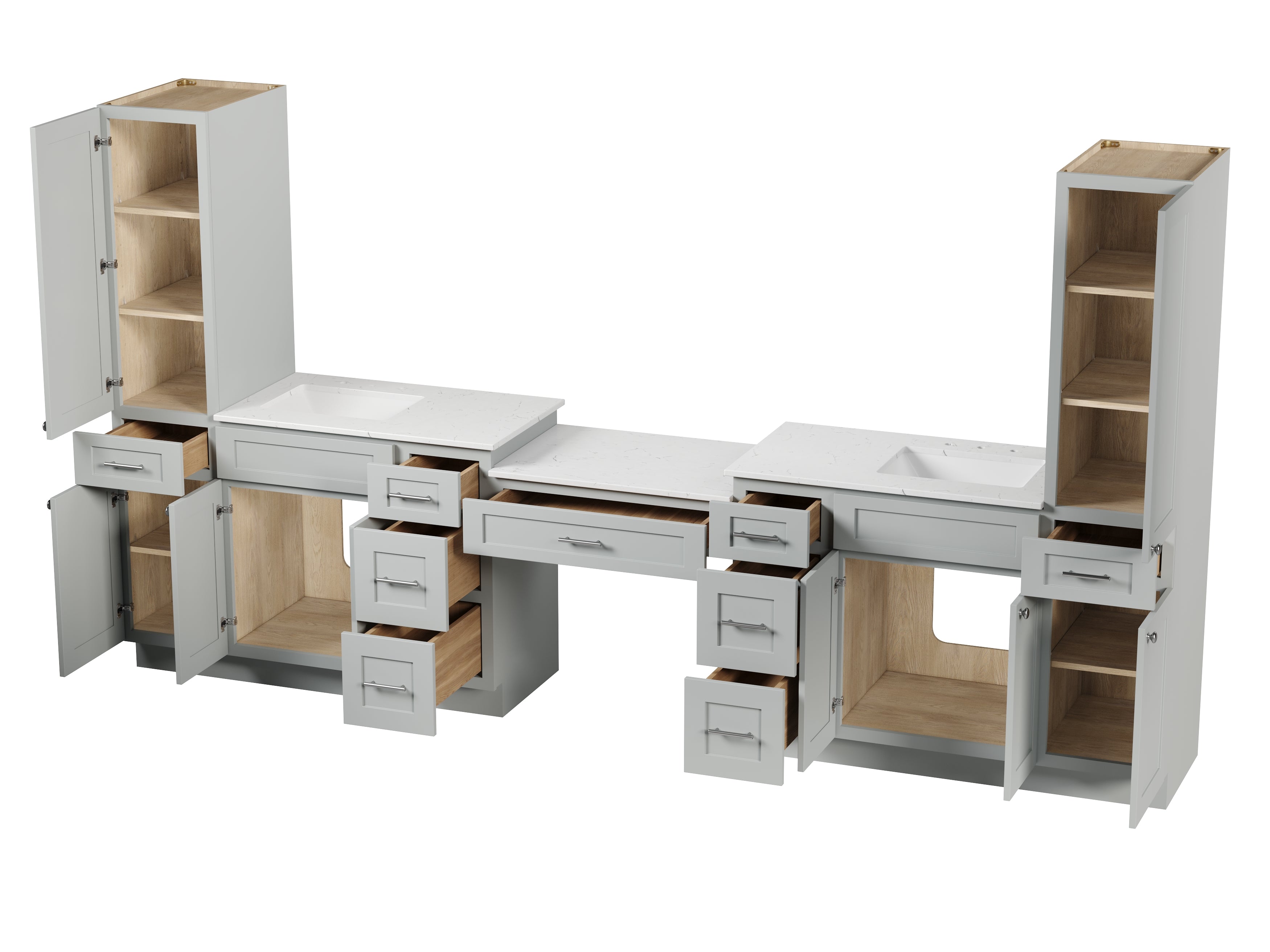 Disar 132'' Double Bathroom Vanity With Desk Linen Tall Cabinet Dovetail Solid Wood Drawer Carrara Quartz Top, Drawer 9