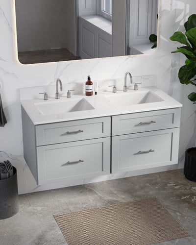 [color:Gray] 48" Floating Wall Mounted Double Bathroom Vanity, Carrara Quartz Top - Gray side view