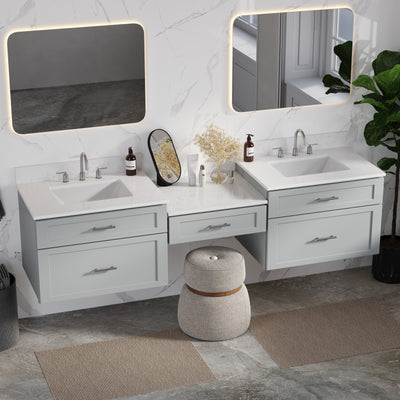 [color:Gray] 84" Floating Wall Mounted Double Bathroom Vanity With Desk, Quartz Top - Gray side view