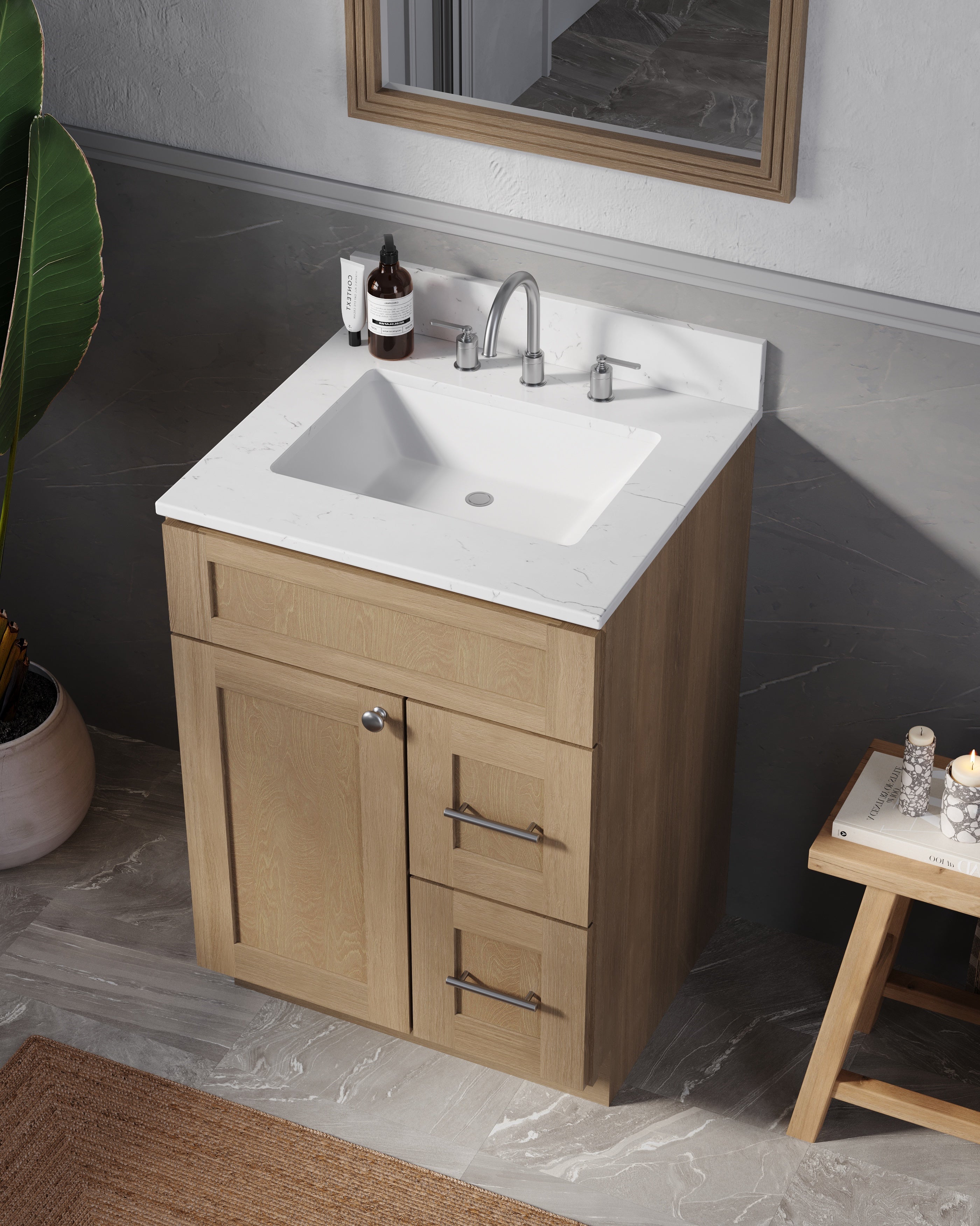 Disar 24" drawer Right White Bathroom Vanity Sink with Quartz Top