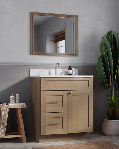 [color:Natural Oak] 30" Left Drawer White Bathroom Vanity Sink with Quartz Top - Natural Oak finish view