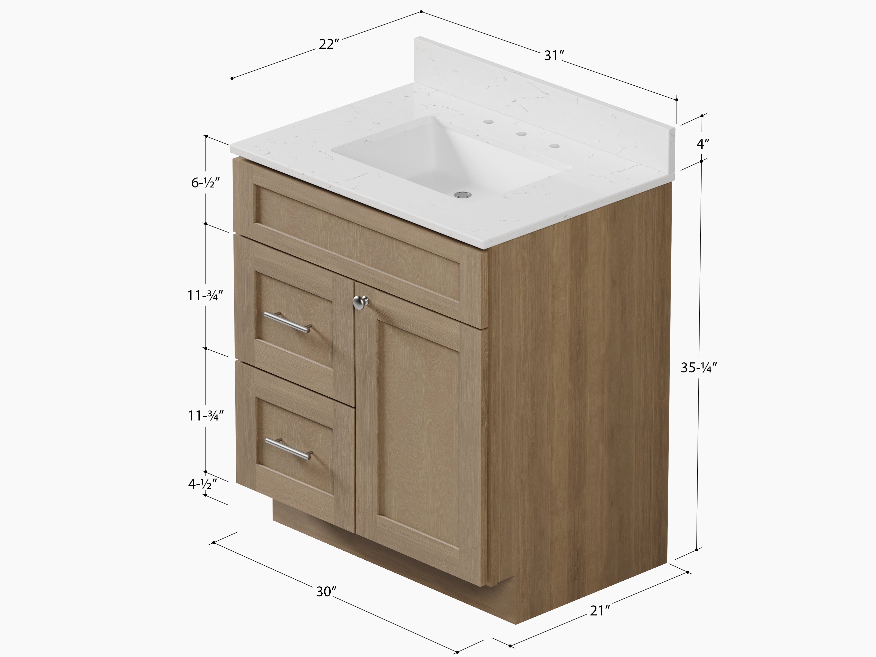 Disar 30" drawer left White Bathroom Vanity Sink with Quartz Top