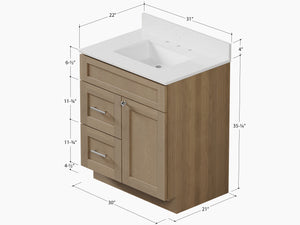 Disar 30" drawer left White Bathroom Vanity Sink with Quartz Top