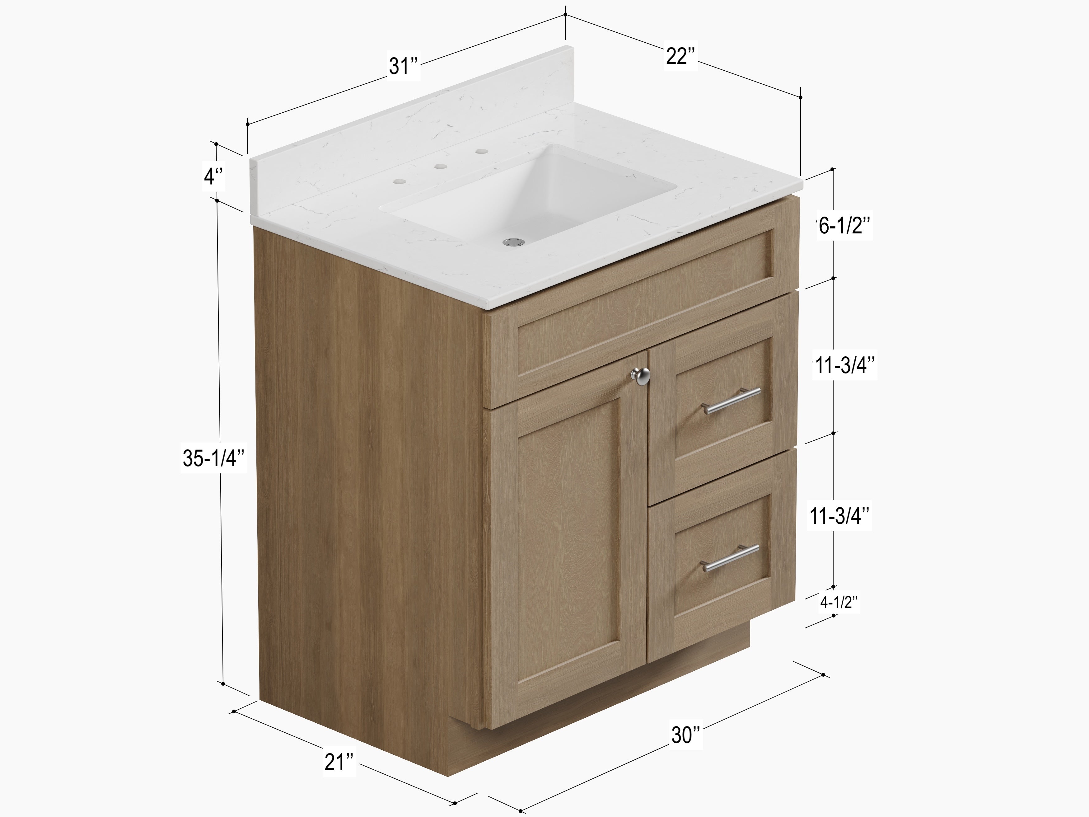 Disar 30 x 21 Inch Drawer Right  Bathroom Vanity White Single Sink
