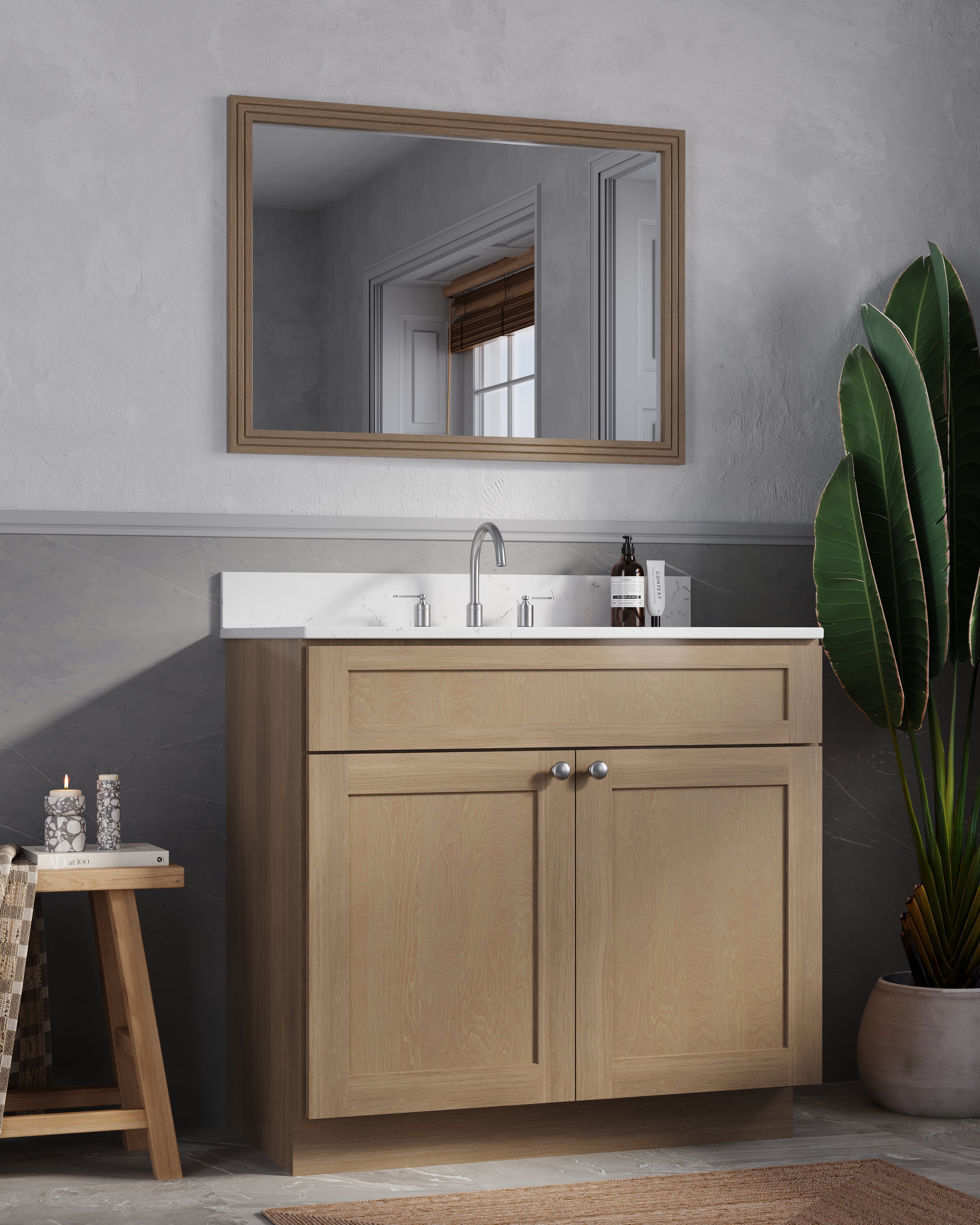 Disar 36 Inch Bathroom Vanity White Single Sink with Calacatta Quartz Top