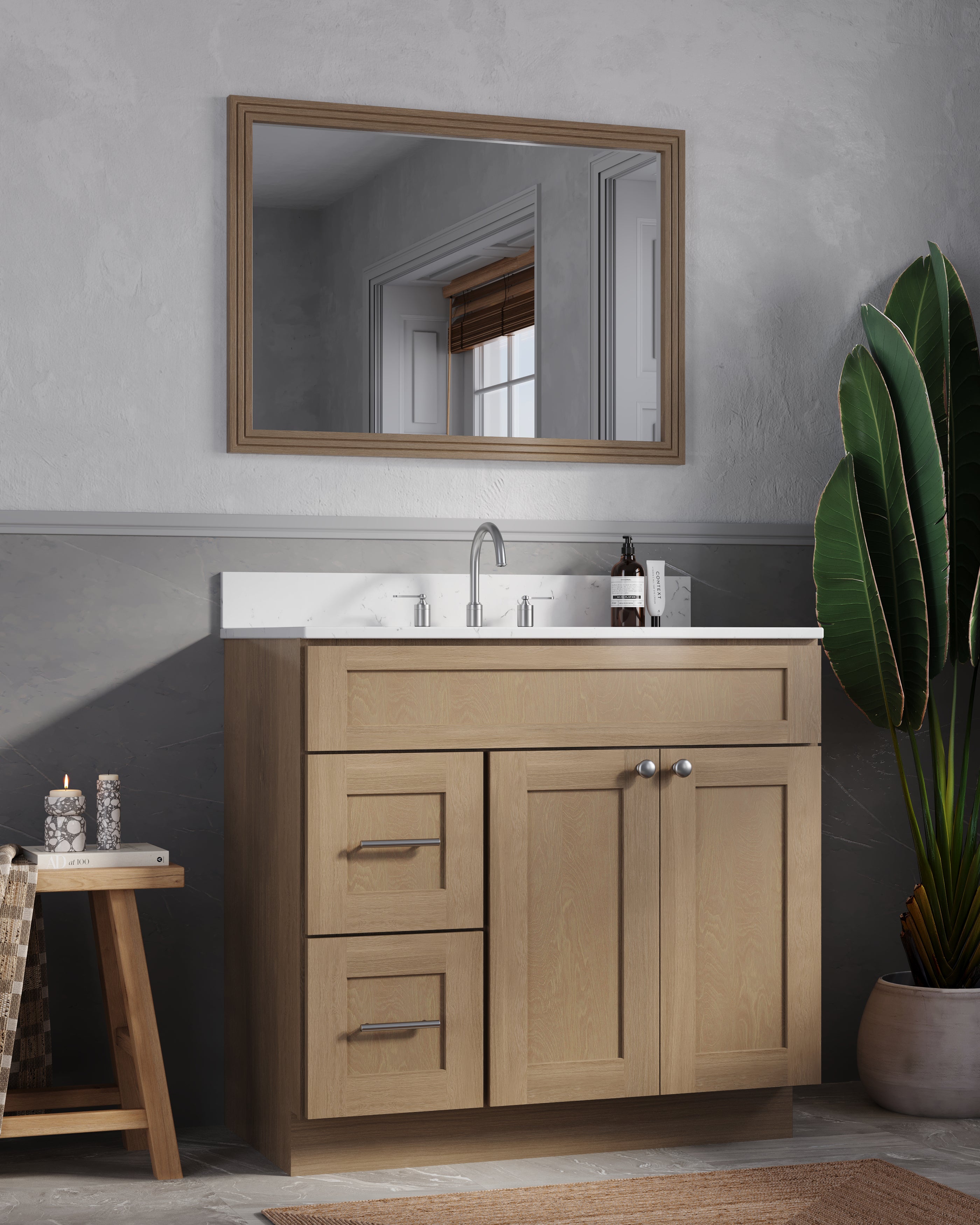 Disar 36'' White Bathroom Vanity with Calacatta Quartz Top and Left Drawers