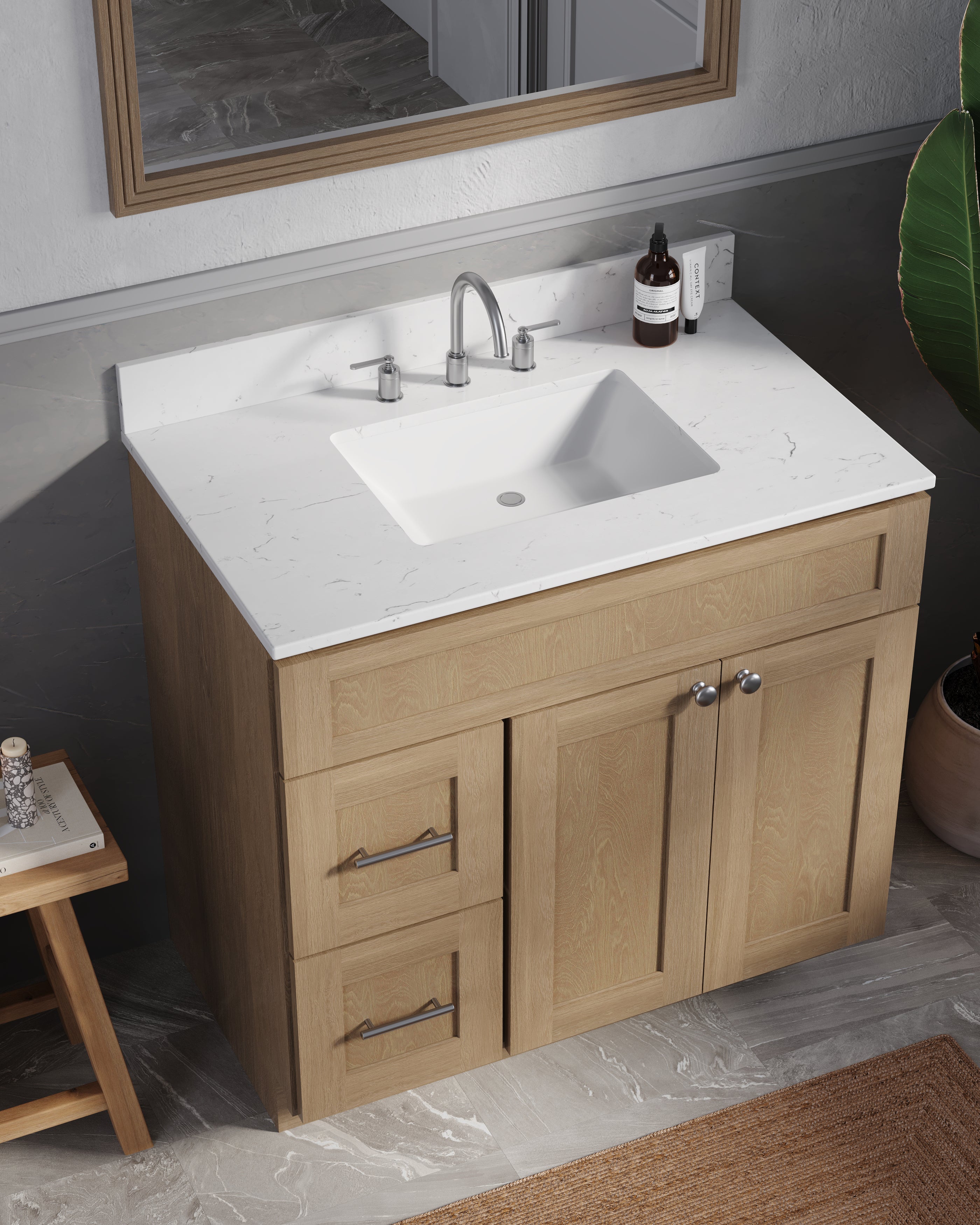 Disar 36'' White Bathroom Vanity with Calacatta Quartz Top and Left Drawers
