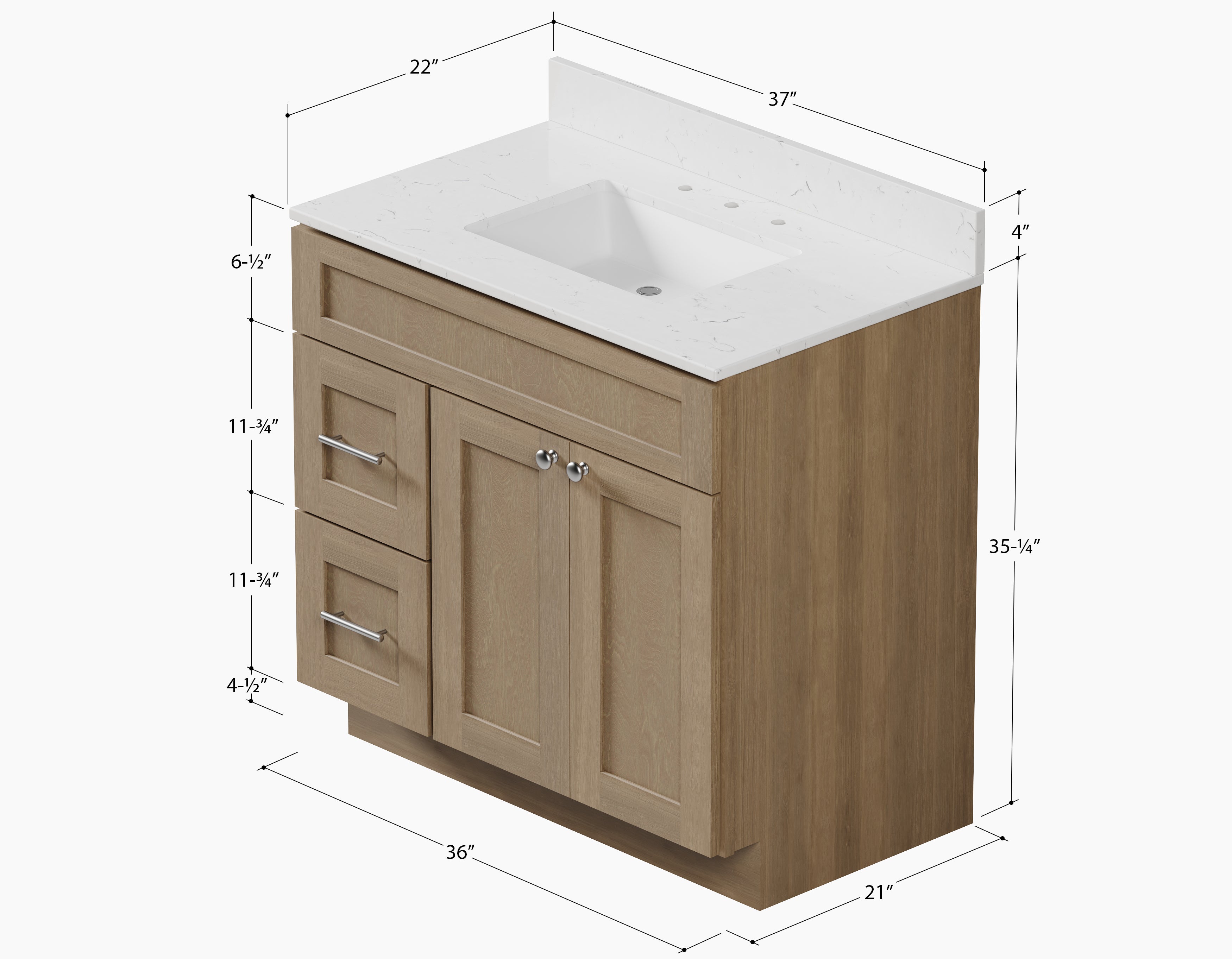 Disar 36'' White Bathroom Vanity with Calacatta Quartz Top and Left Drawers